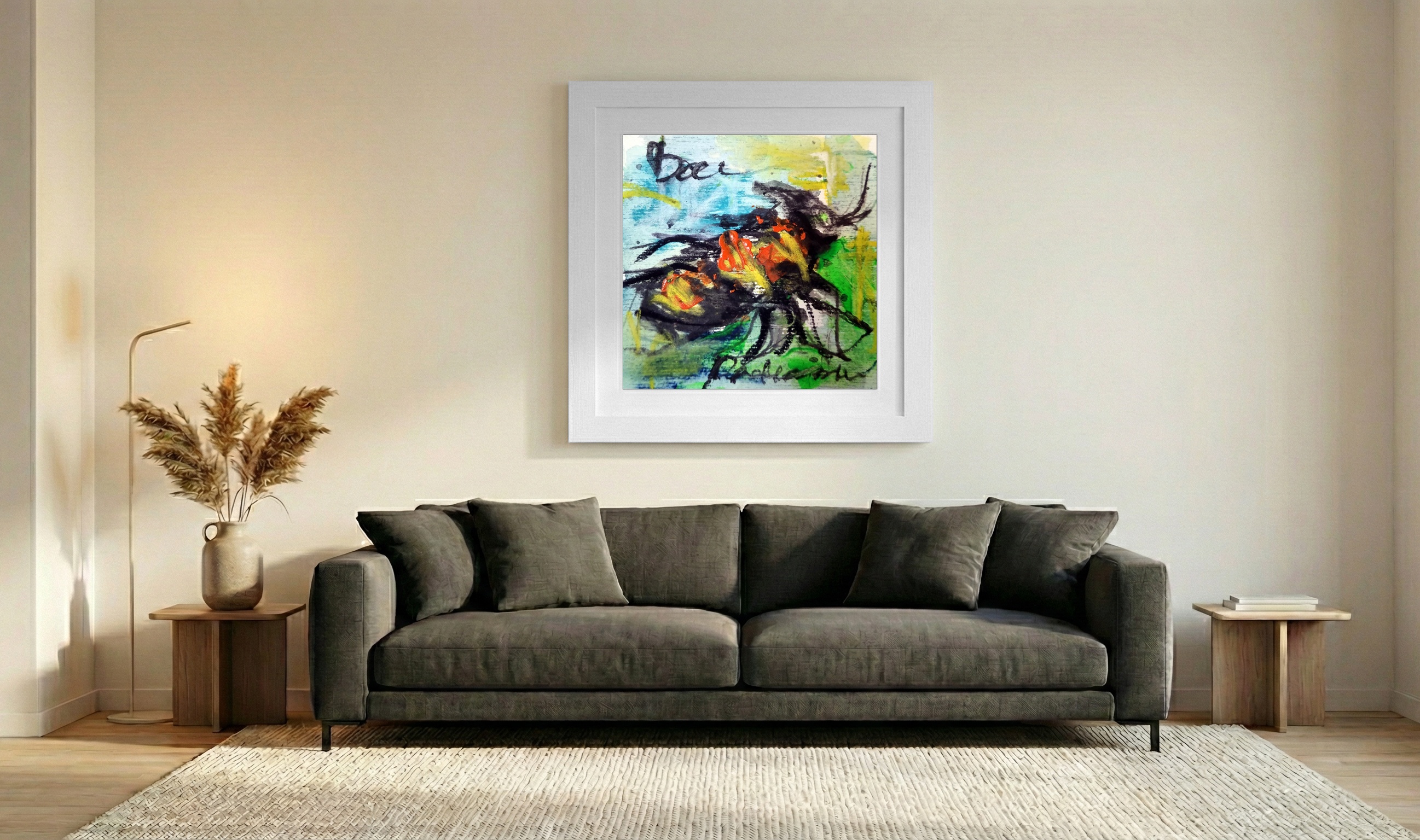 Bright Yellow Bee on Paper — art on the wall, room interior preview 3