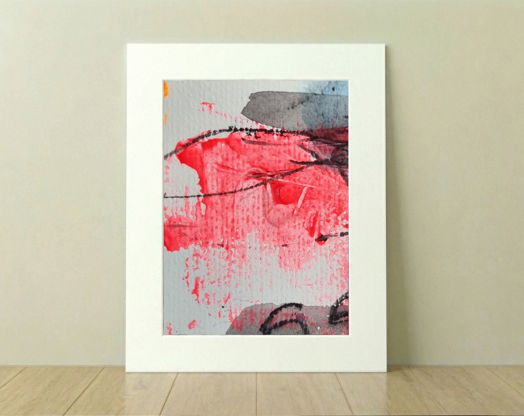 Crimson and Grey Fluid Strokes — art on the wall, room interior preview 2