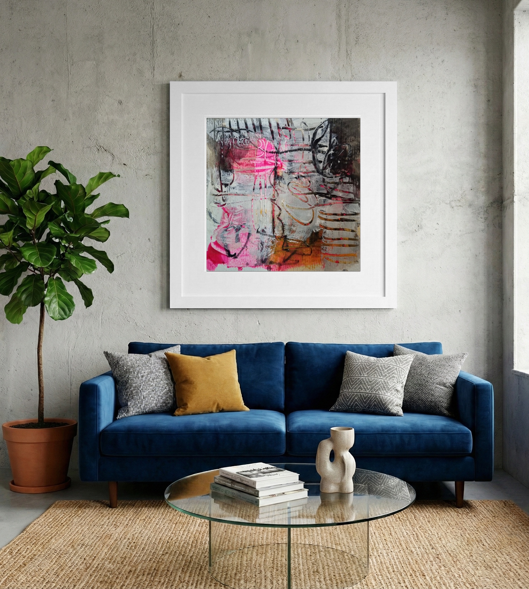 Bright Pink and Gray Abstract on Paper — art on the wall, room interior preview 2