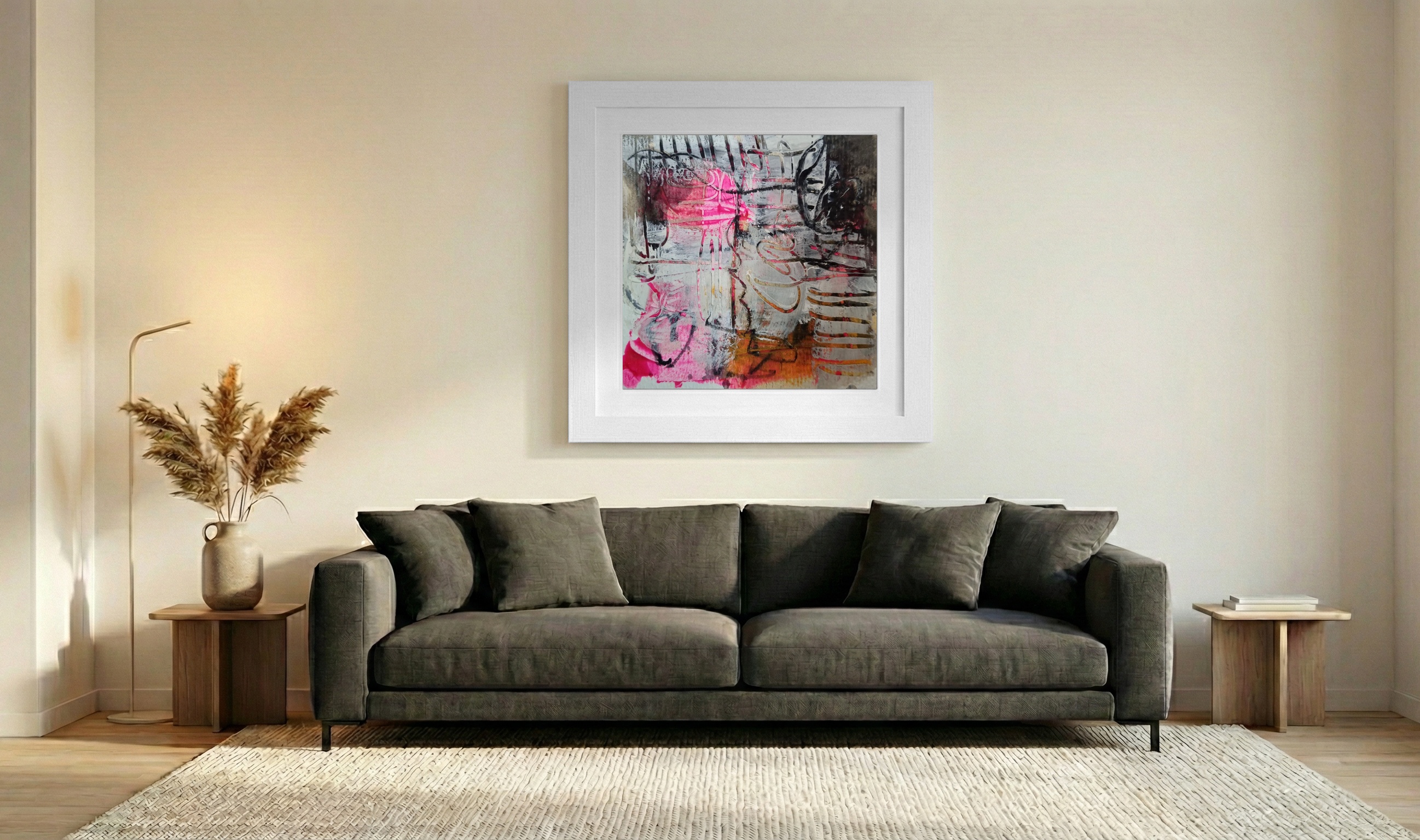 Bright Pink and Gray Abstract on Paper — art on the wall, room interior preview 3