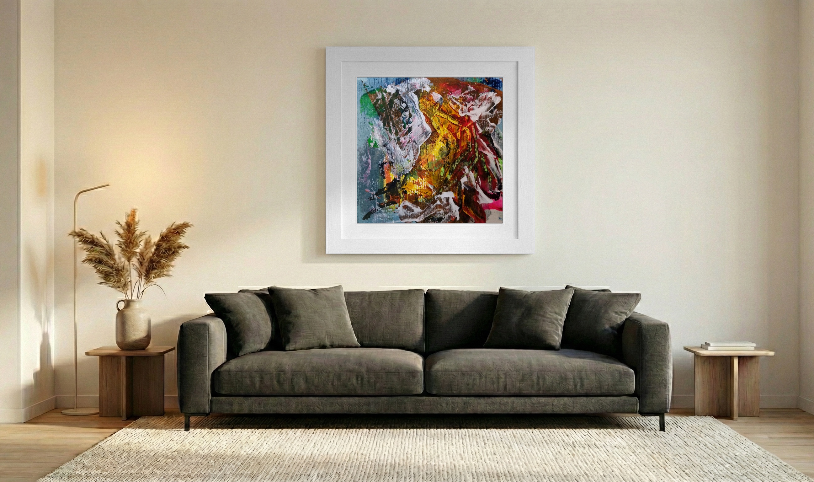 Crimson and Yellow Swirls on Paper — art on the wall, room interior preview 3