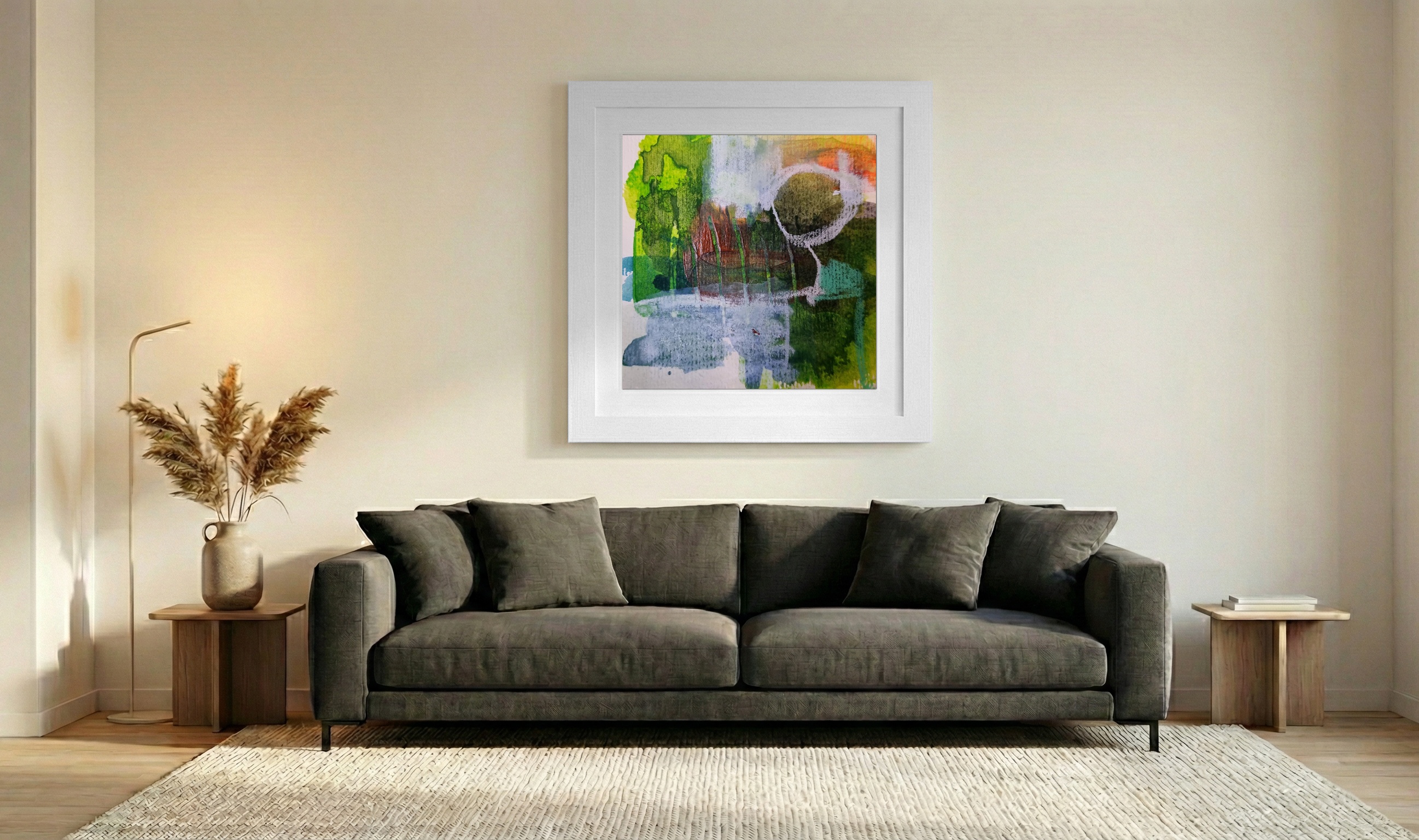 Emerald Green Layered Abstract on Paper — art on the wall, room interior preview 3