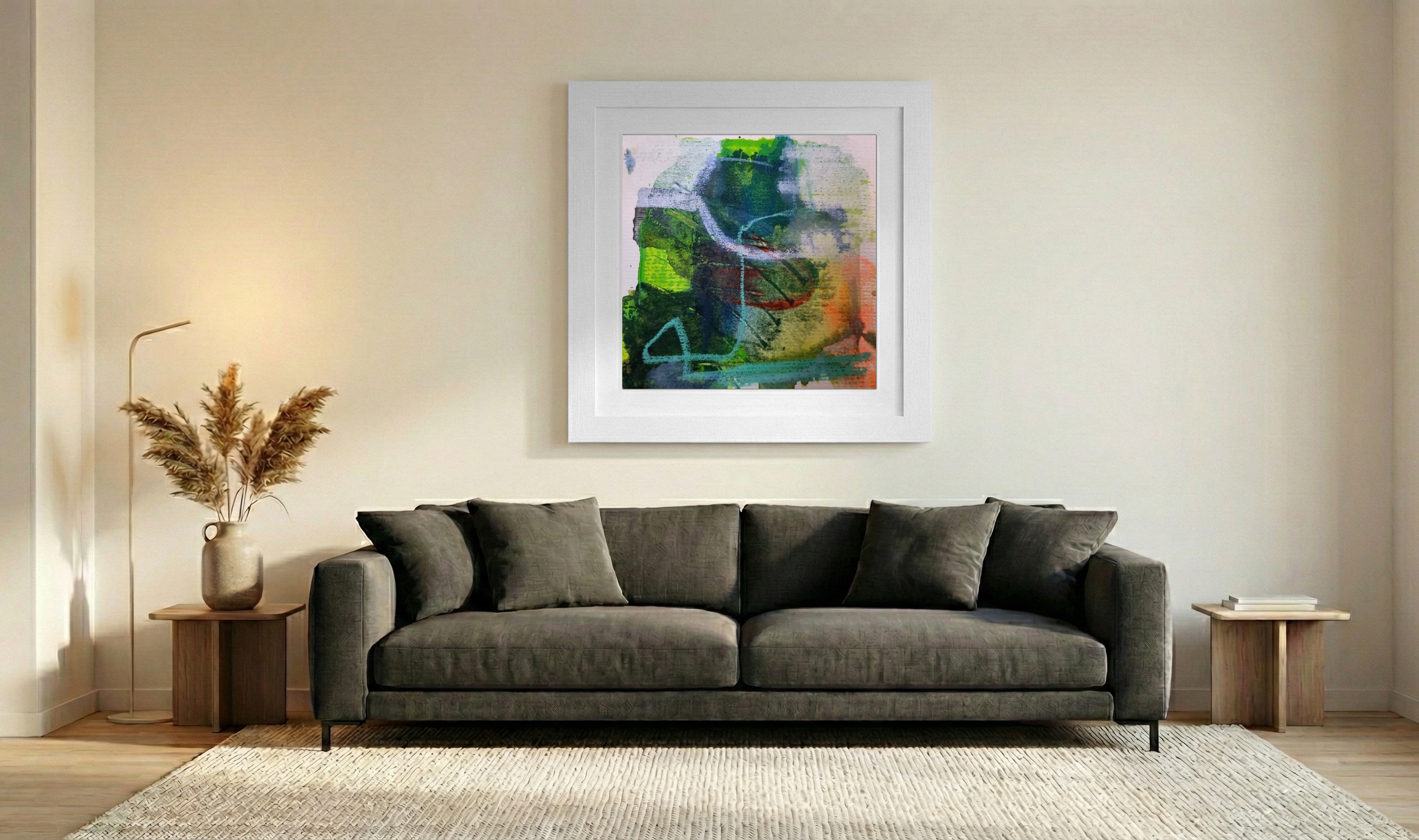 Emerald and Lime Abstract on Paper — art on the wall, room interior preview 3