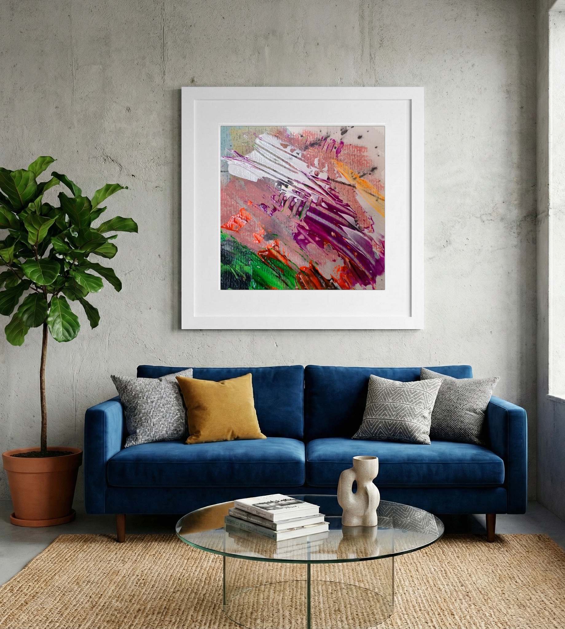 Vibrant Purple and Bright Orange Abstract on Paper — art on the wall, room interior preview 2