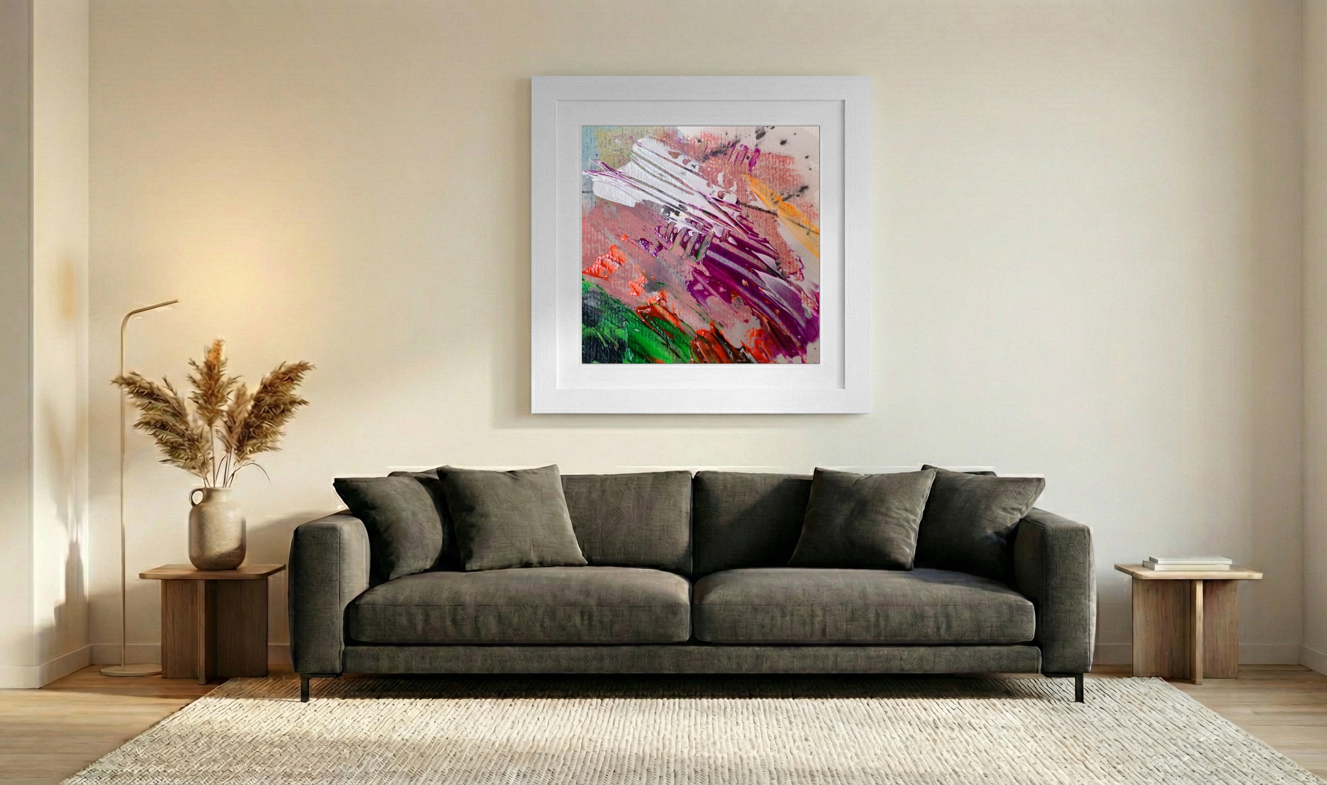 Vibrant Purple and Bright Orange Abstract on Paper — art on the wall, room interior preview 3