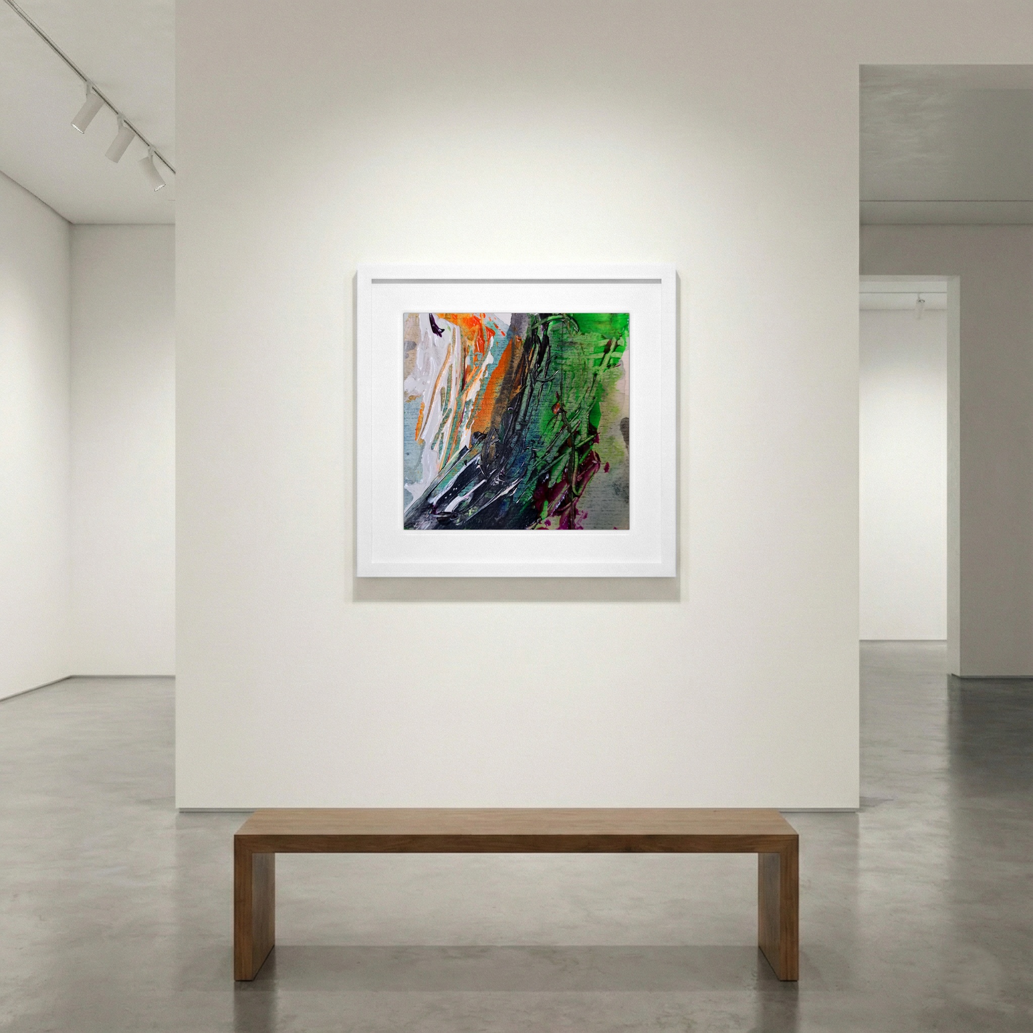 Emerald Green and Burnt Orange Abstract on Paper — art on the wall, room interior preview 1