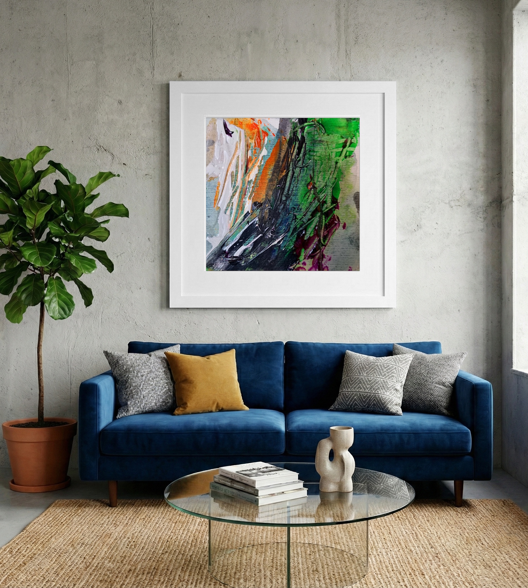 Emerald Green and Burnt Orange Abstract on Paper — art on the wall, room interior preview 2
