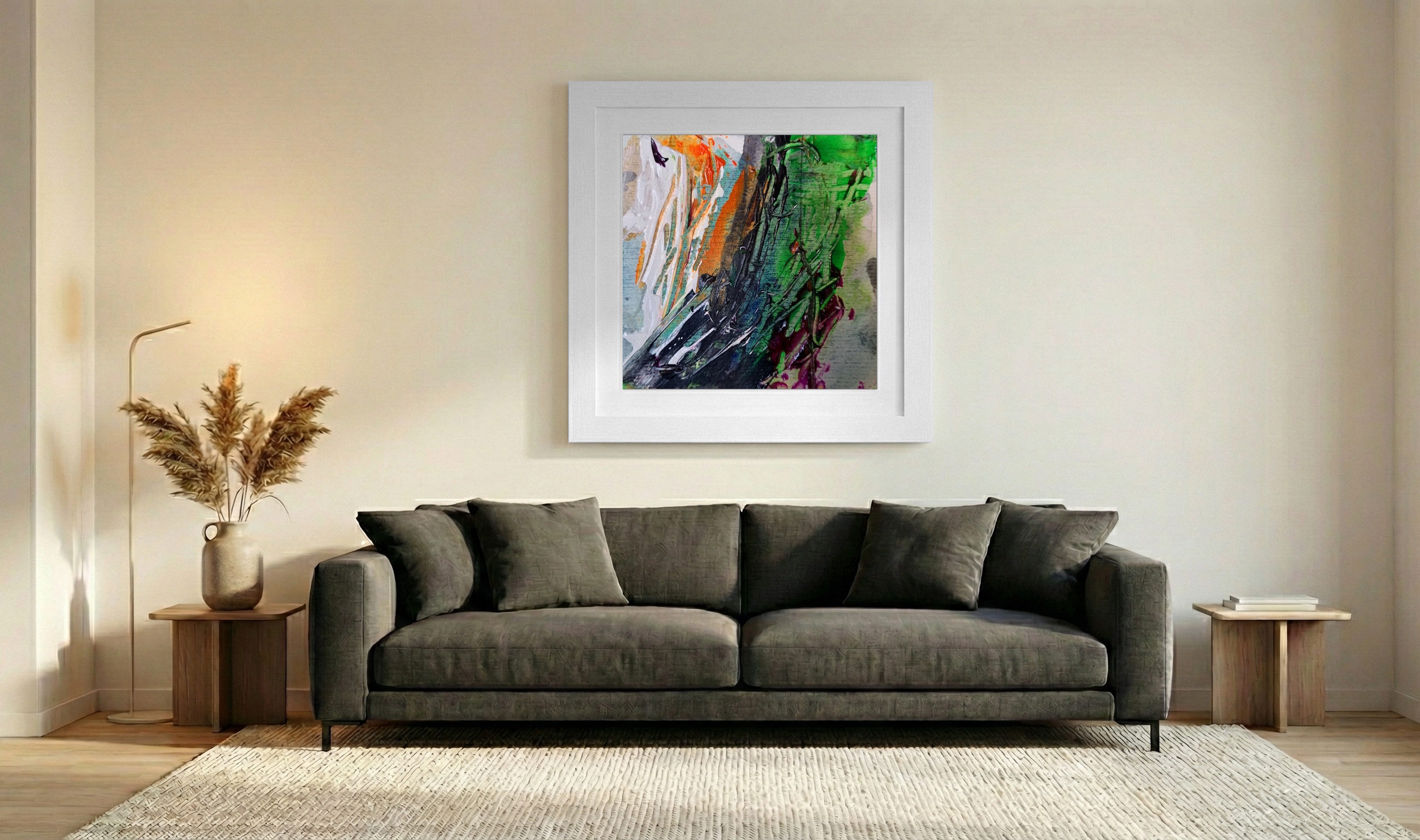 Emerald Green and Burnt Orange Abstract on Paper — art on the wall, room interior preview 3