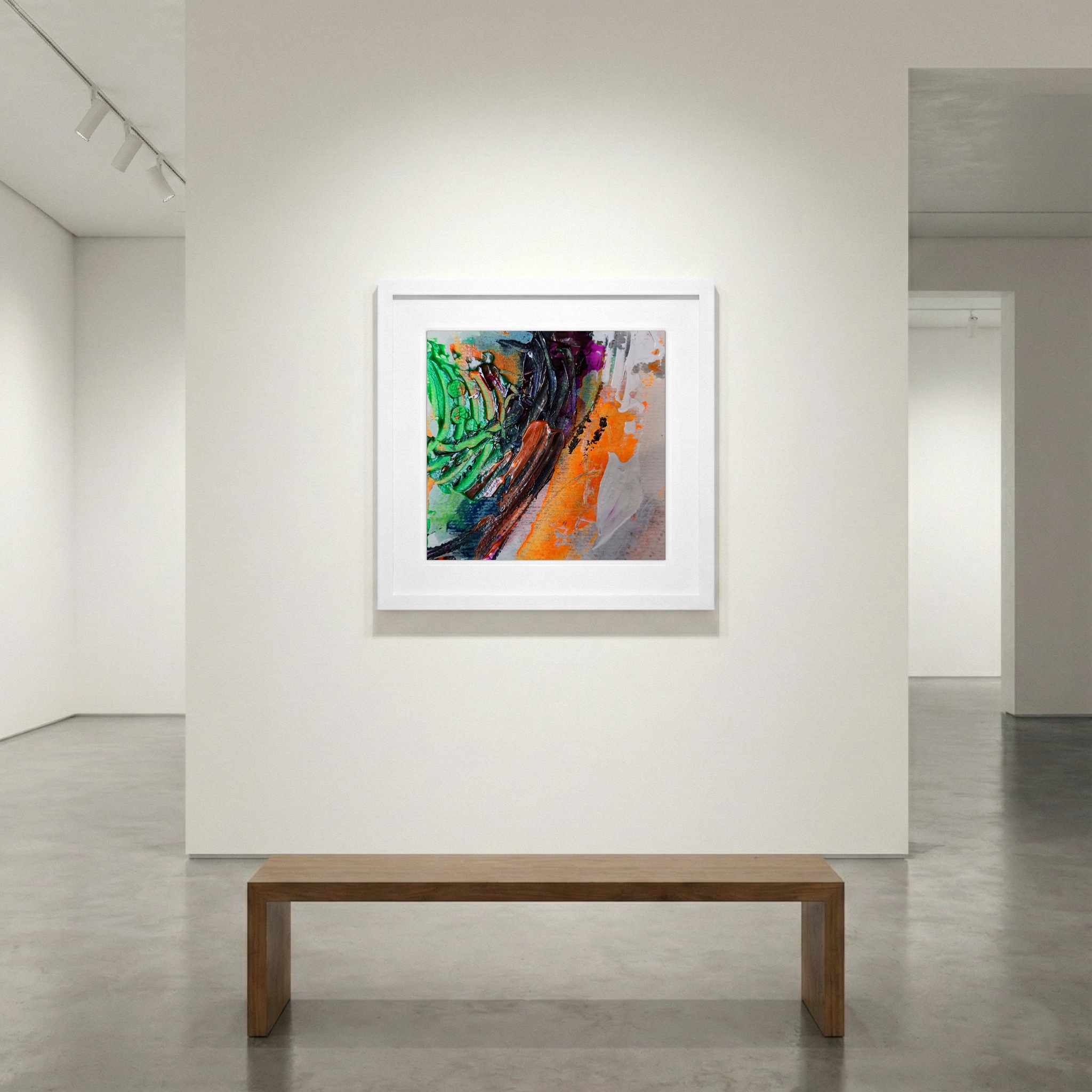Rich Green and Bold Orange Abstract on Paper — art on the wall, room interior preview 1