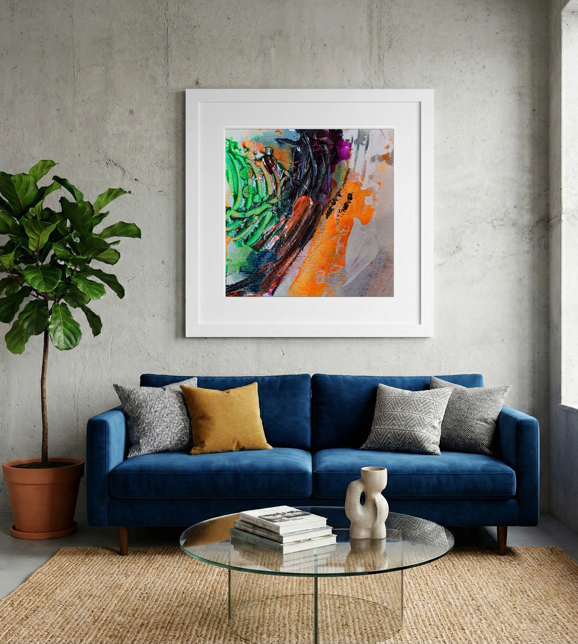 Rich Green and Bold Orange Abstract on Paper — art on the wall, room interior preview 2