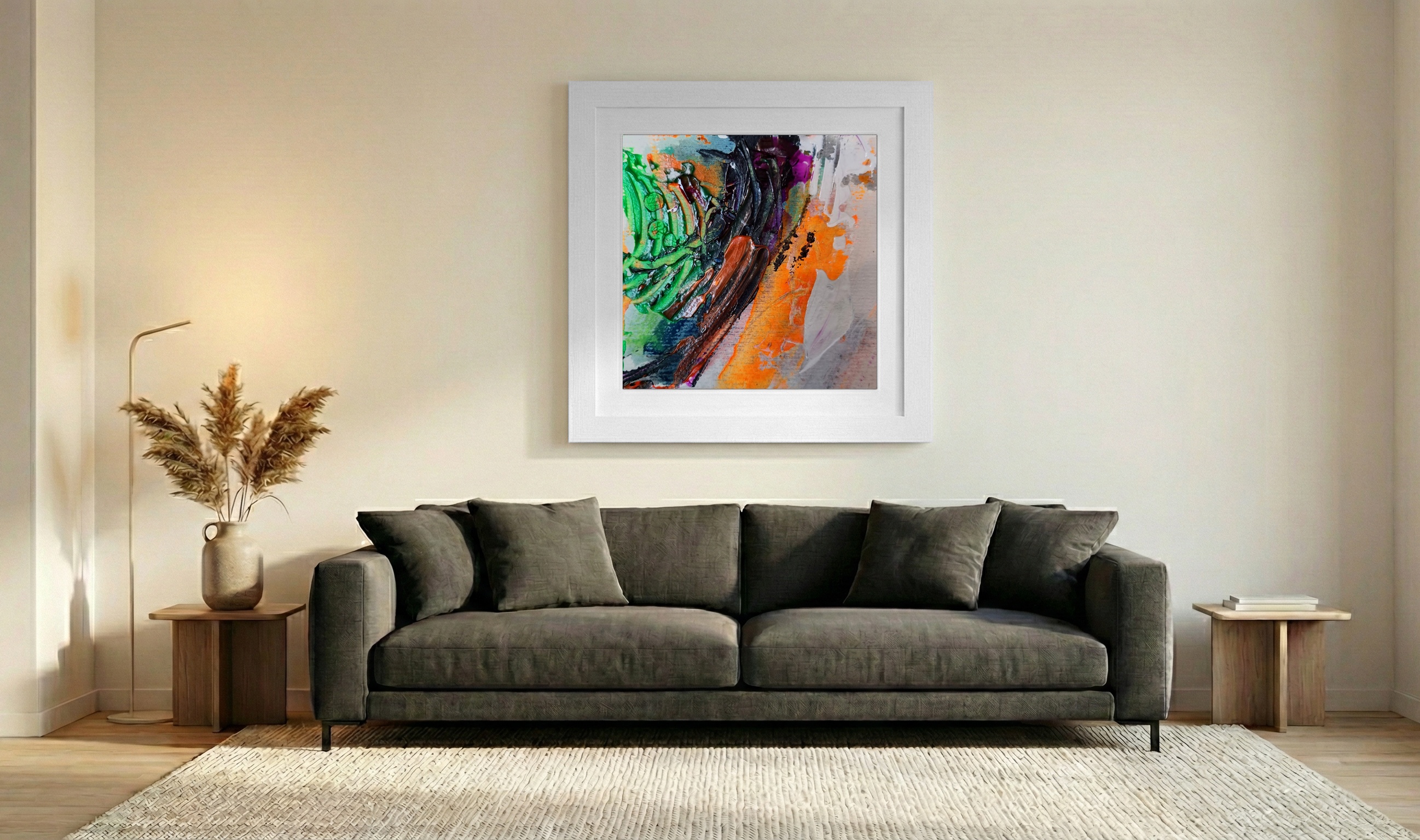 Rich Green and Bold Orange Abstract on Paper — art on the wall, room interior preview 3