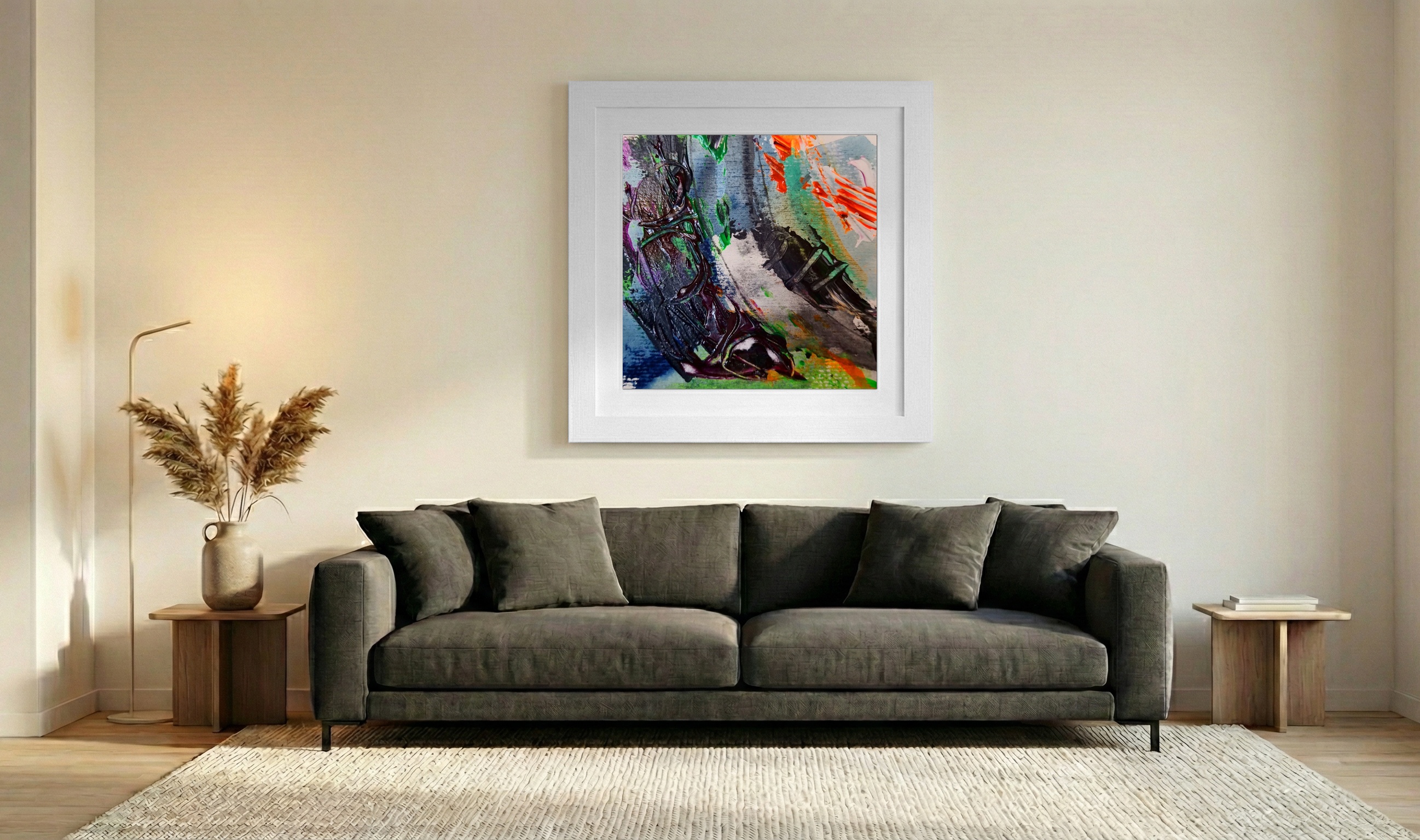 Bright Green and Deep Purple Abstract on Paper — art on the wall, room interior preview 3