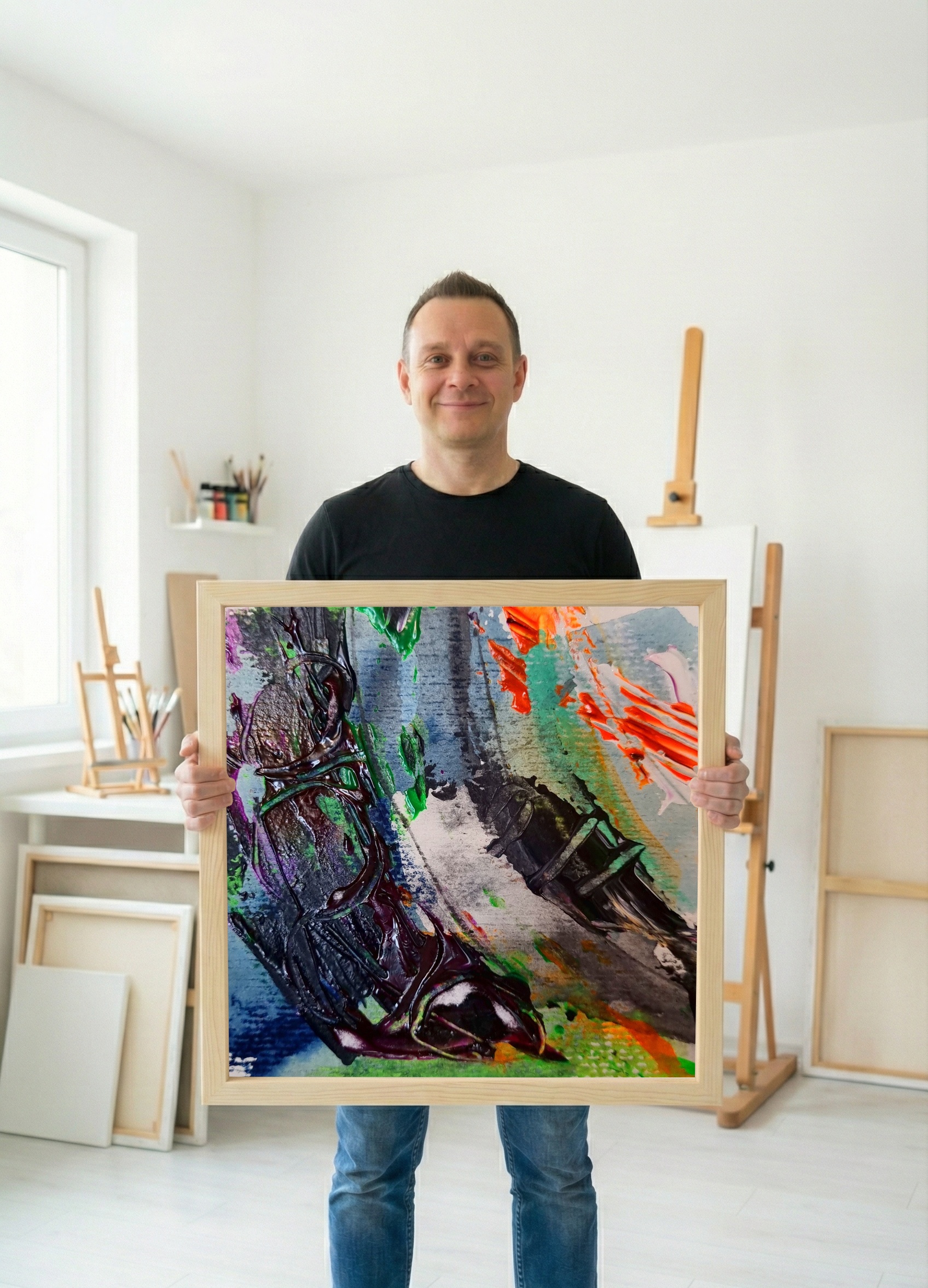 Bright Green and Deep Purple Abstract on Paper — art on the wall, room interior preview 3