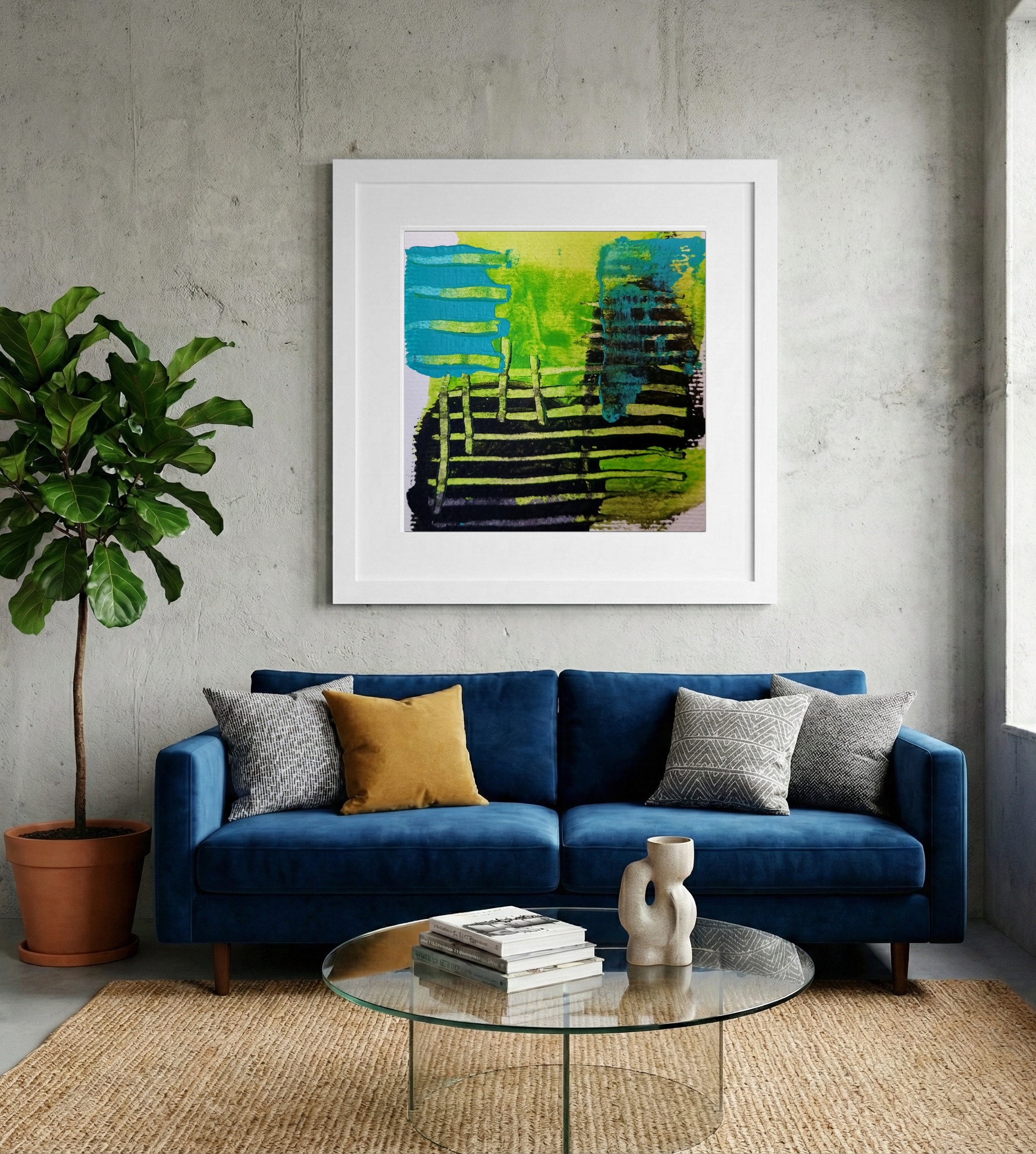 Lime Green and Deep Black Abstract on Paper — art on the wall, room interior preview 2