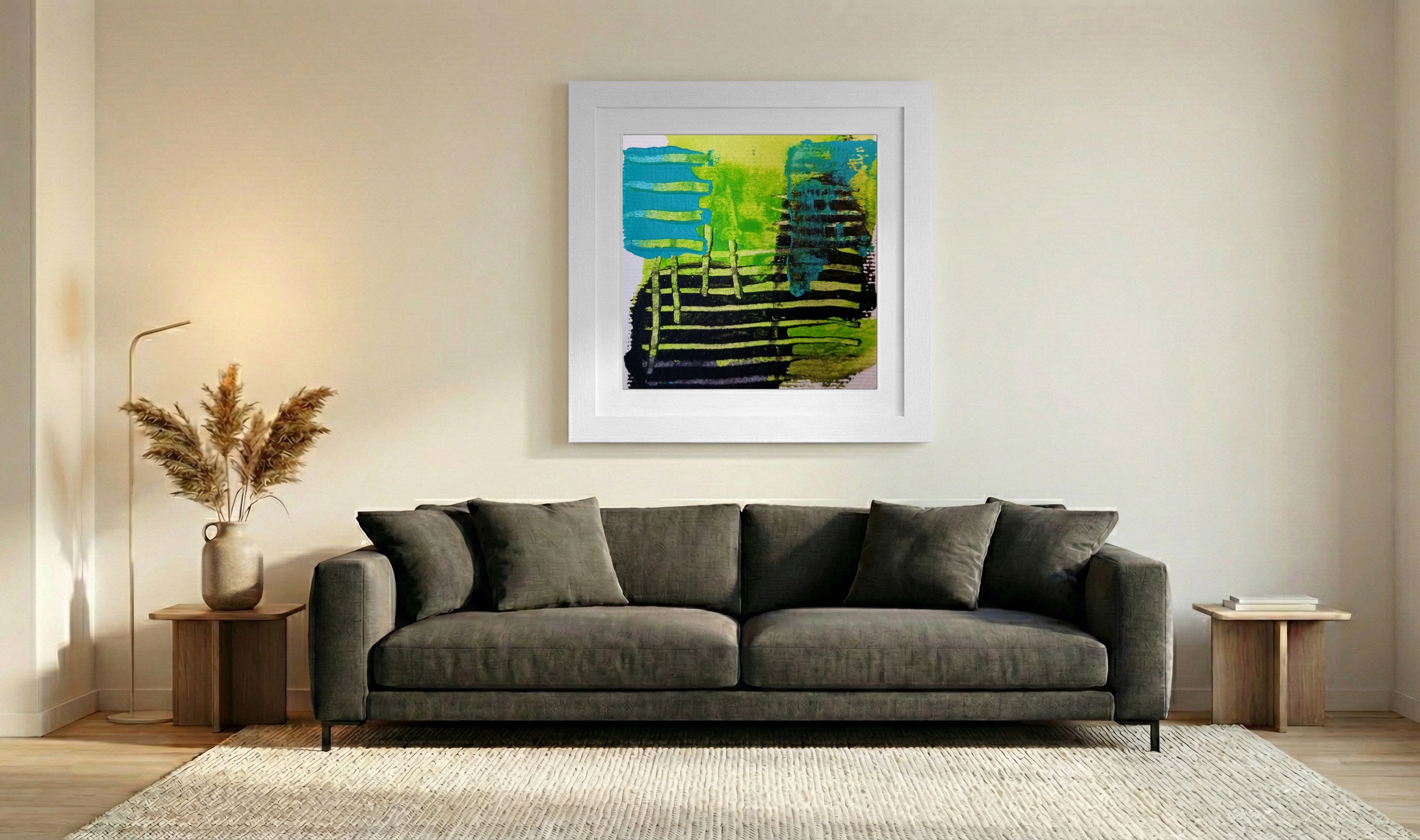 Lime Green and Deep Black Abstract on Paper — art on the wall, room interior preview 3