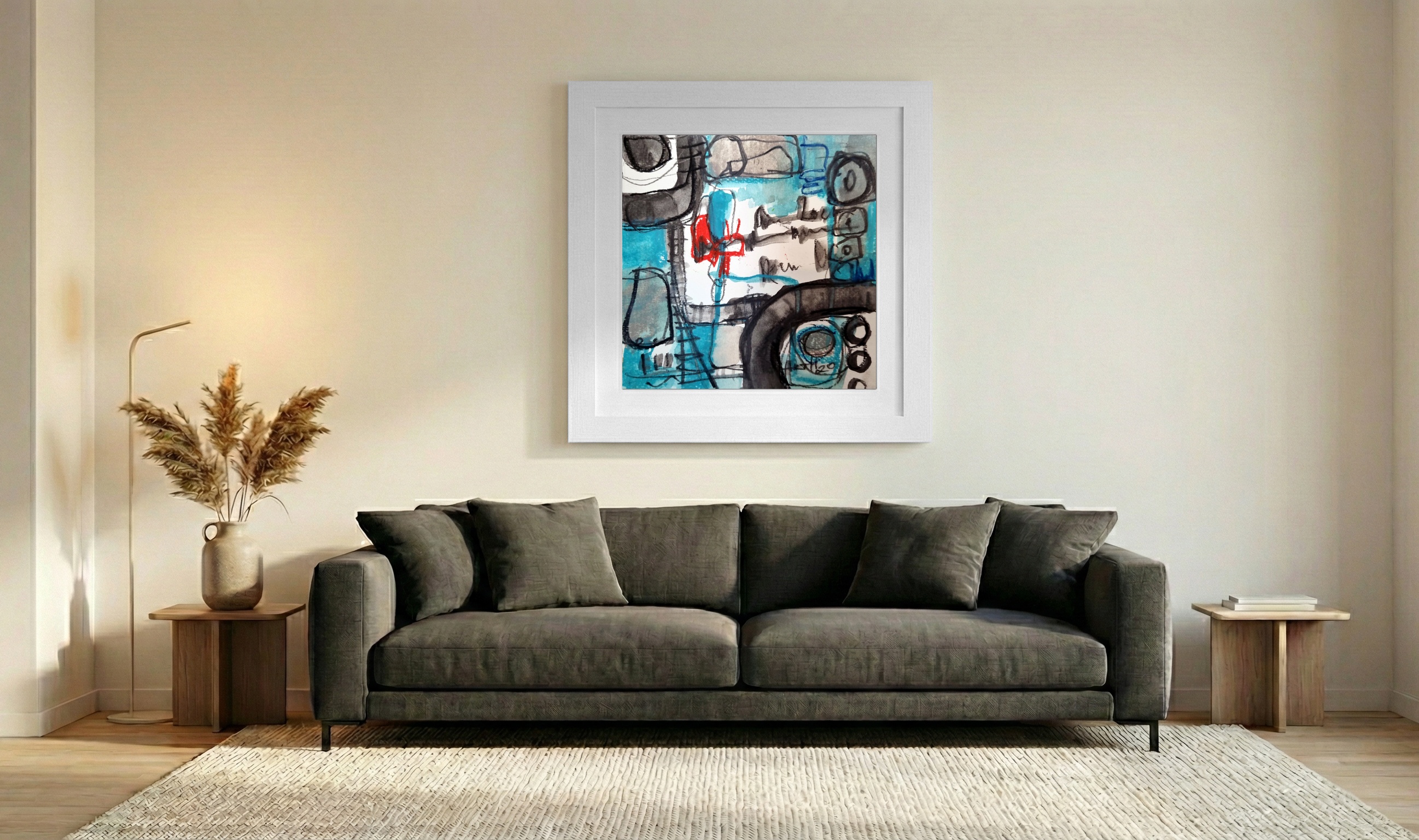 Turquoise and Black Ink on Paper — art on the wall, room interior preview 3