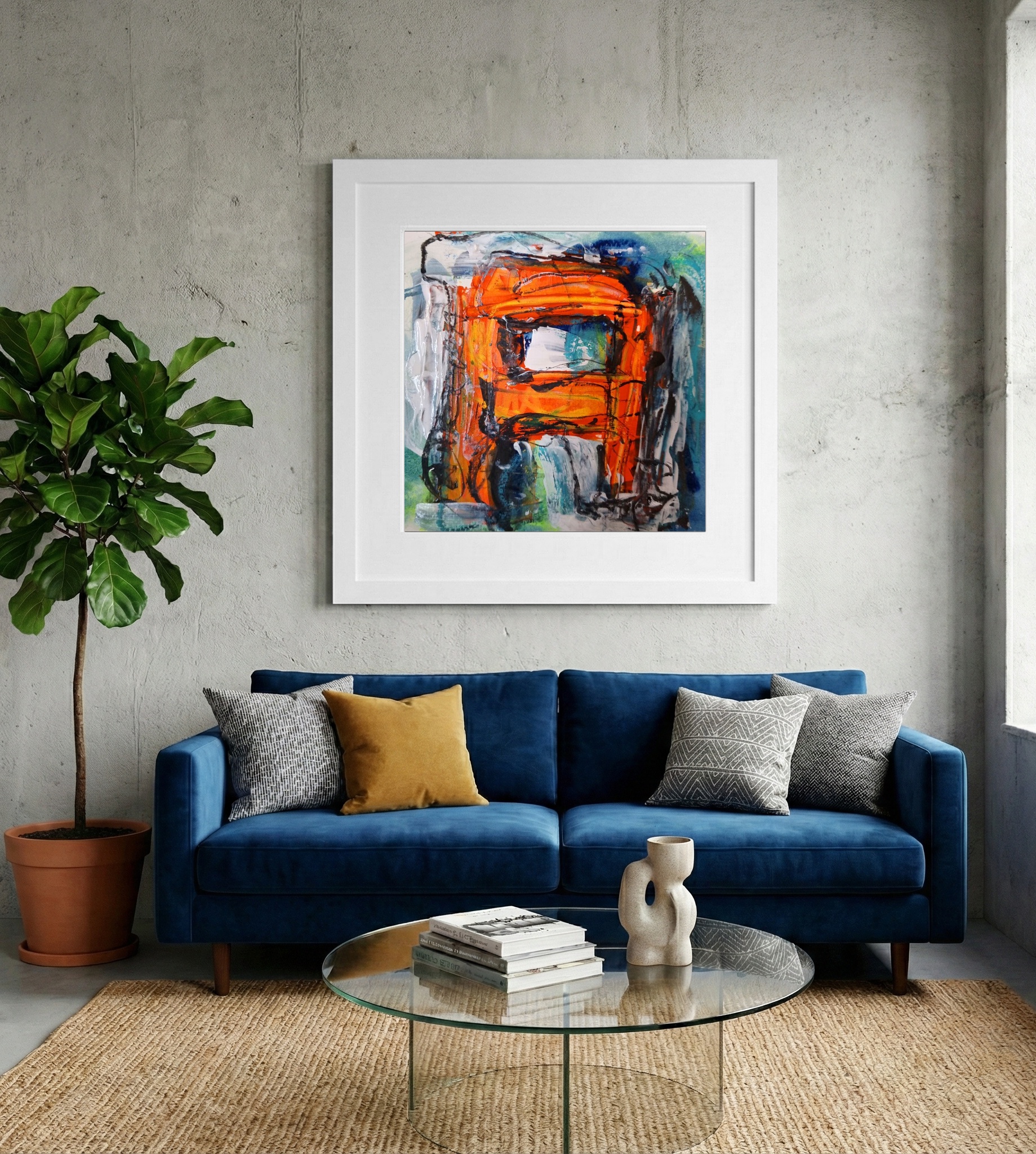 Burnt Orange and Deep Blue Abstract on Paper — art on the wall, room interior preview 2