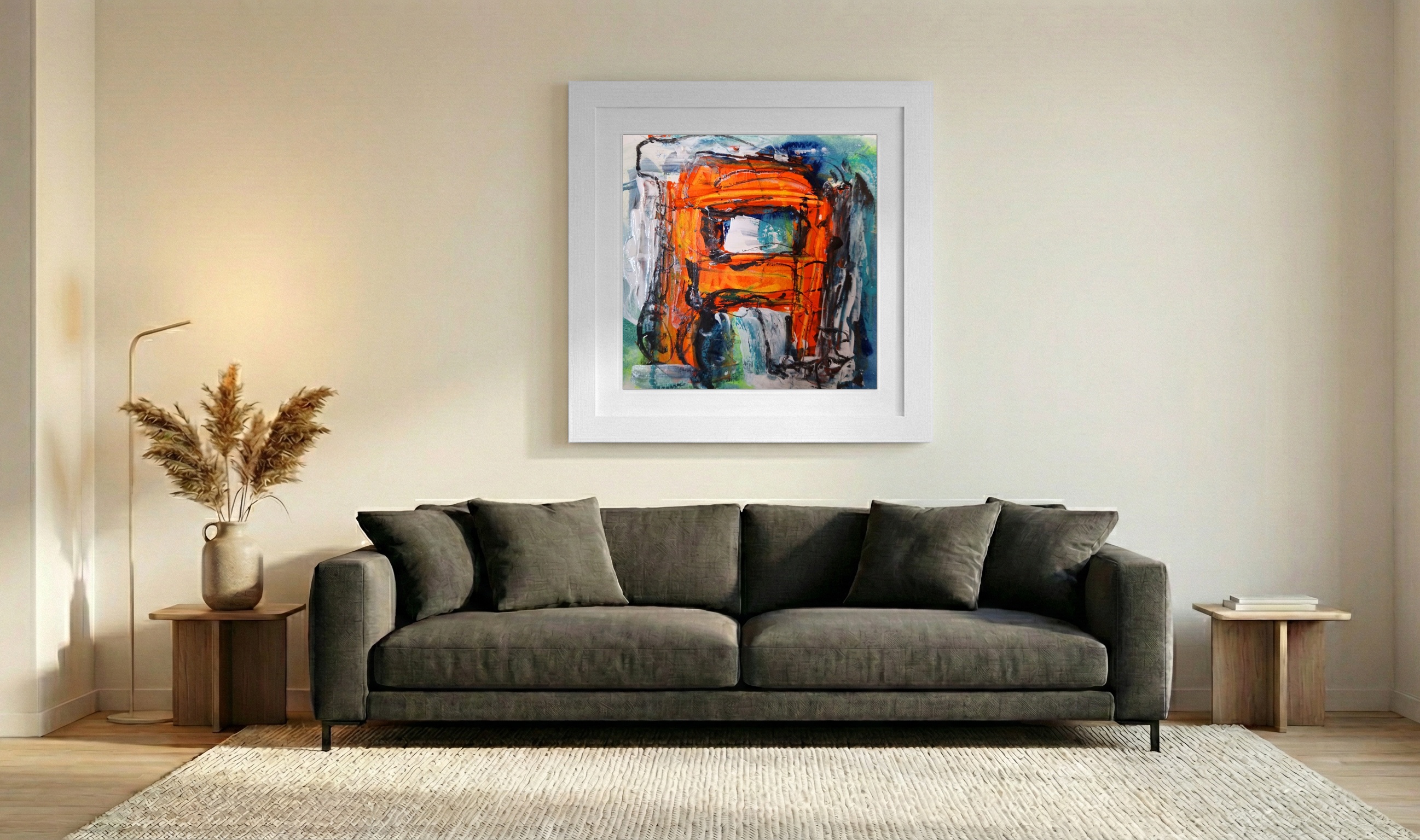 Burnt Orange and Deep Blue Abstract on Paper — art on the wall, room interior preview 3