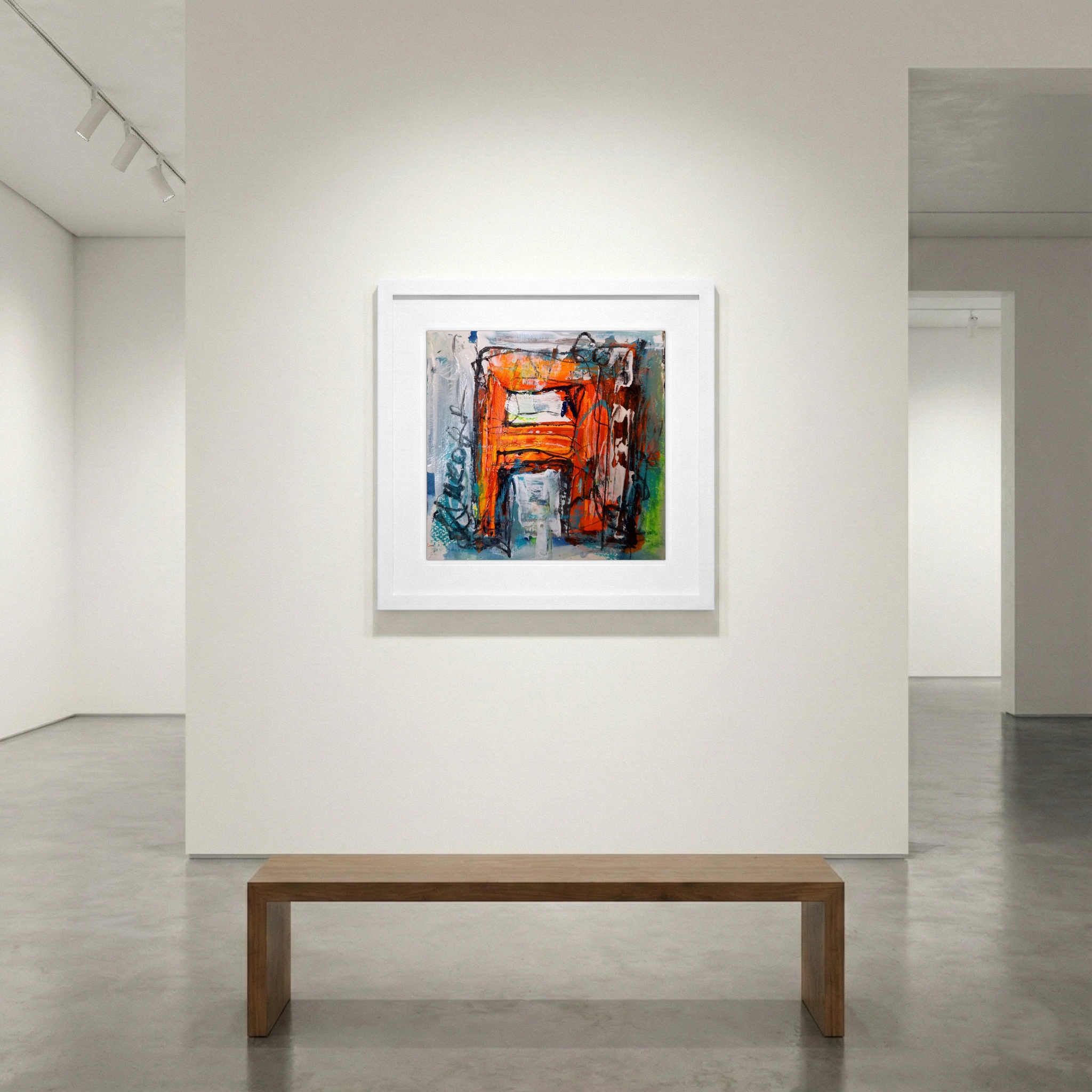 Dynamic Orange and Blue Abstract on Paper — art on the wall, room interior preview 1