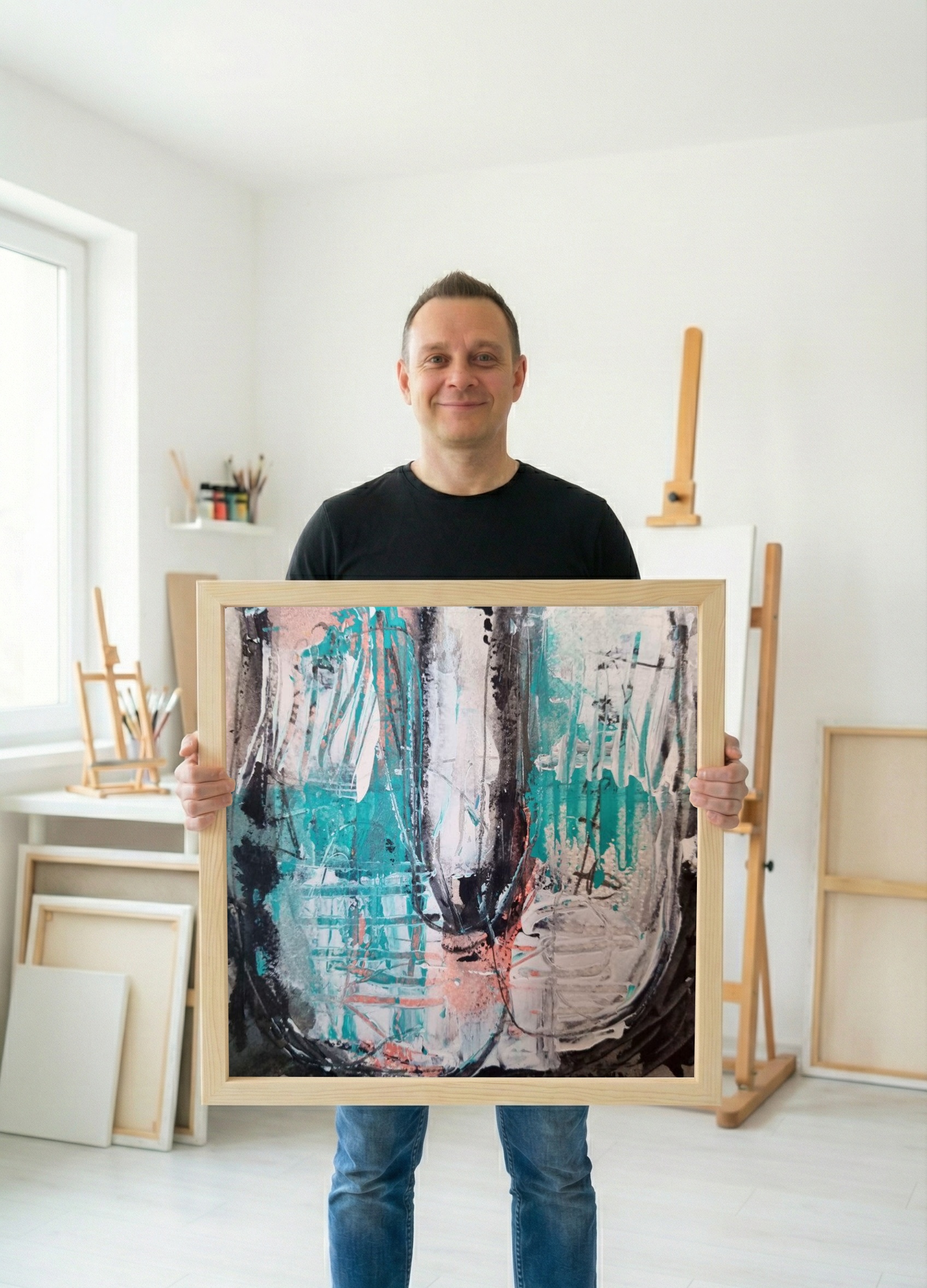 Vibrant Turquoise and Charcoal Abstract on Paper — art on the wall, room interior preview 2