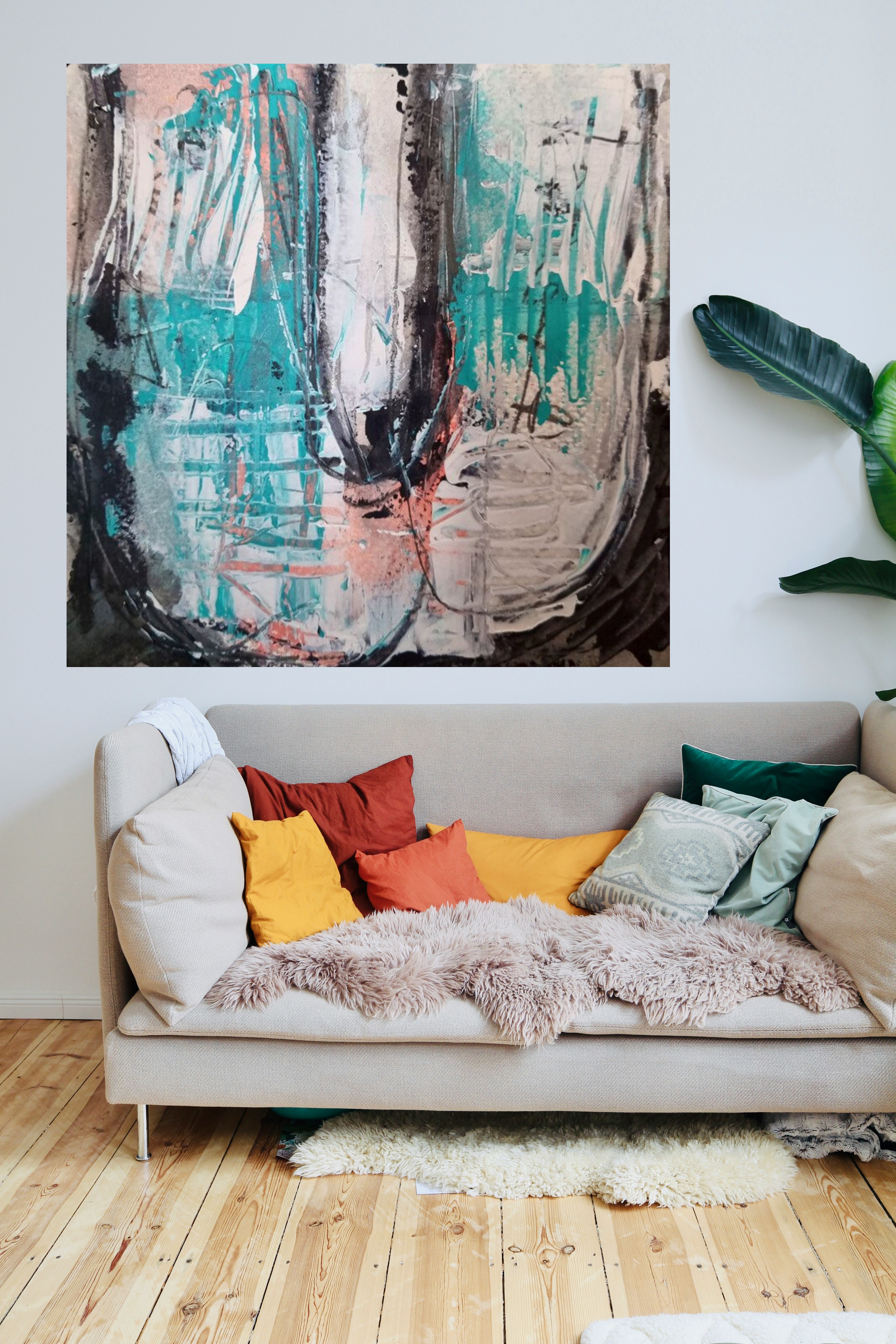 Vibrant Turquoise and Charcoal Abstract on Paper — art on the wall, room interior preview 3