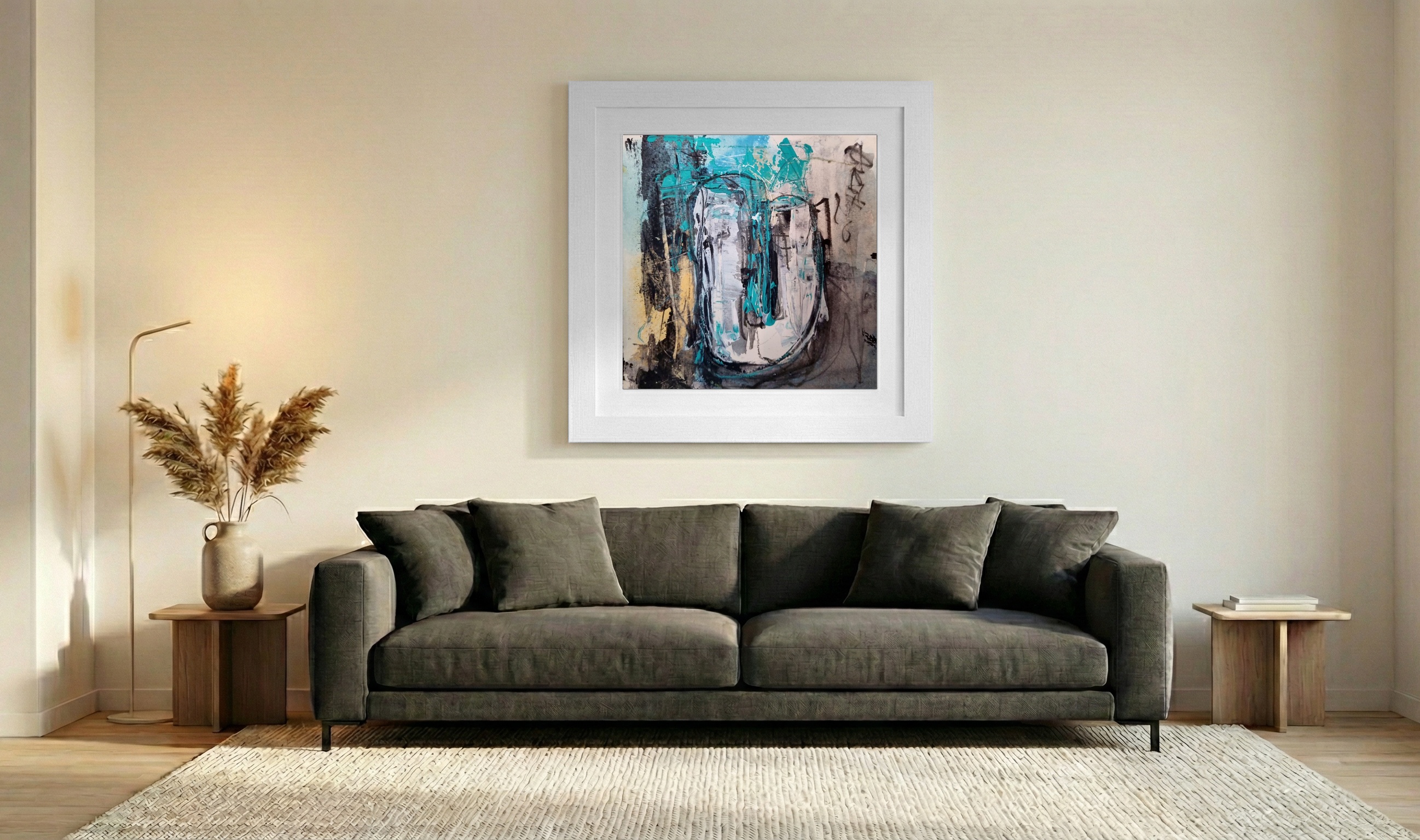 Teal and Black Abstract on Paper — art on the wall, room interior preview 3