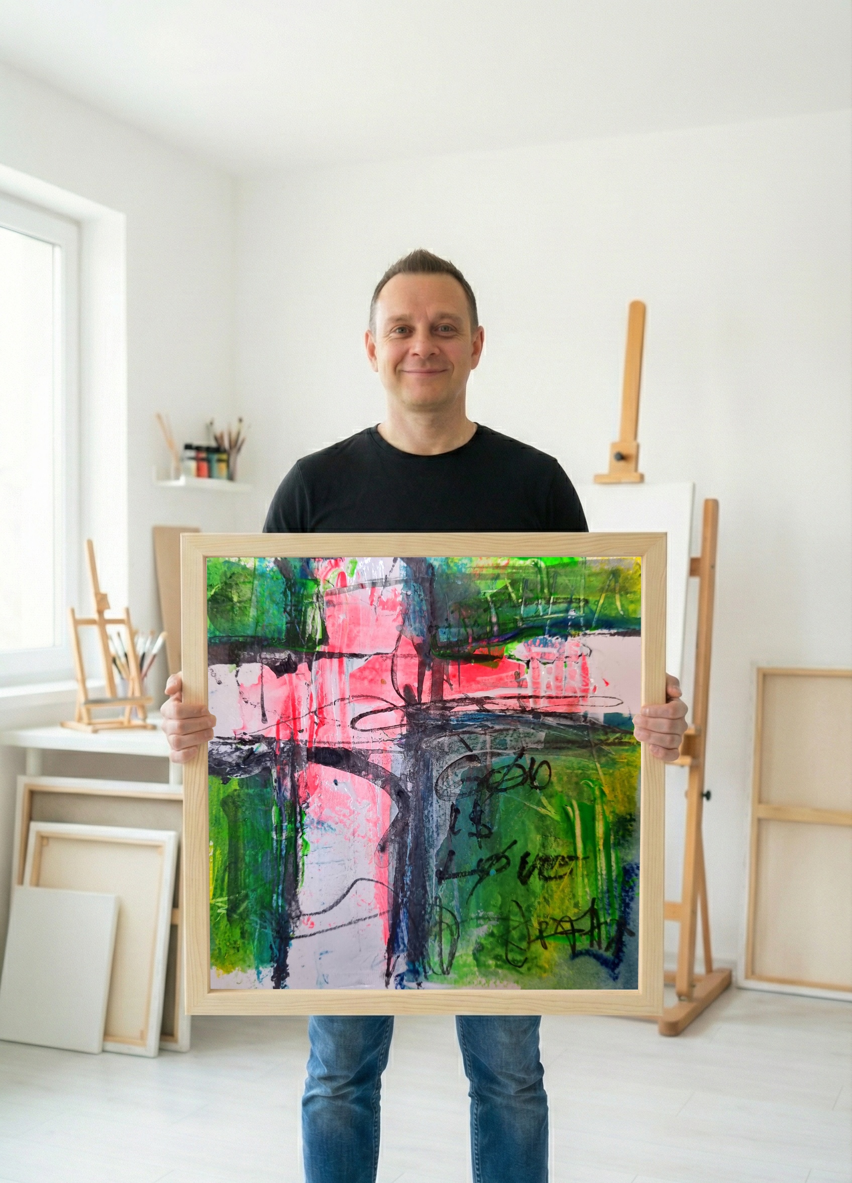 Energetic Green and Pink Acrylic on Paper — art on the wall, room interior preview 1