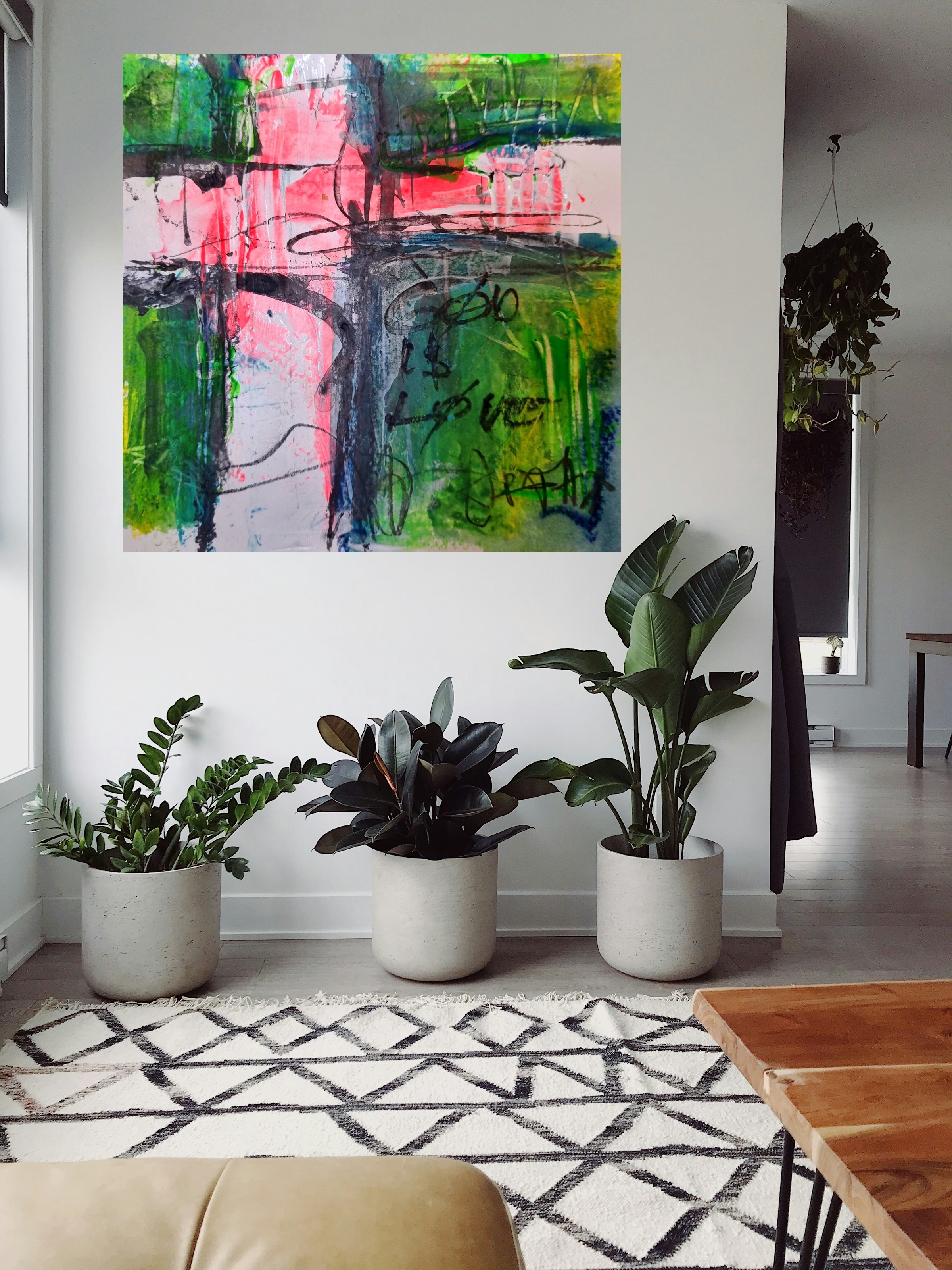 Energetic Green and Pink Acrylic on Paper — art on the wall, room interior preview 3