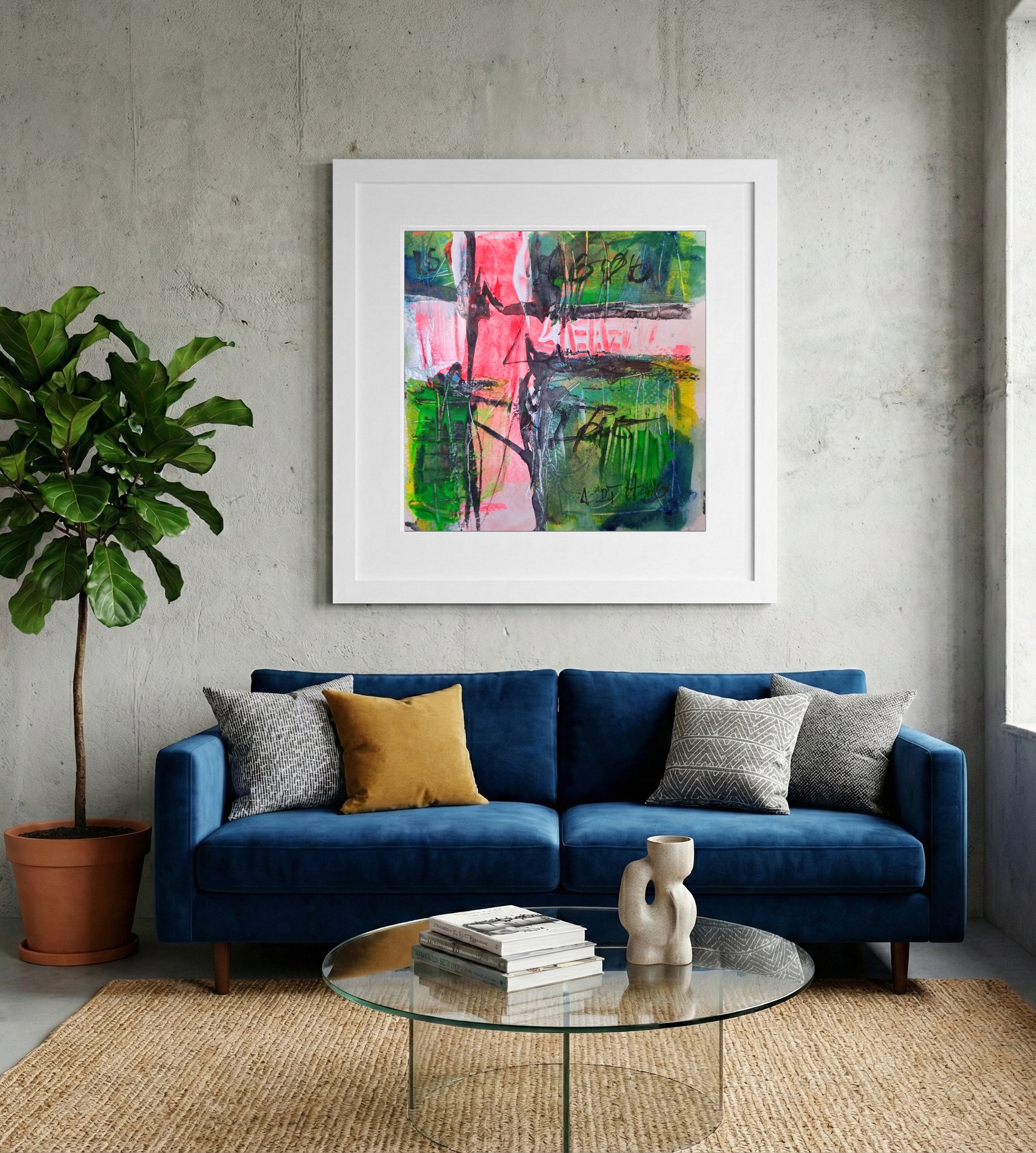 Joyful Pink and Green Ink Splash on Paper — art on the wall, room interior preview 2