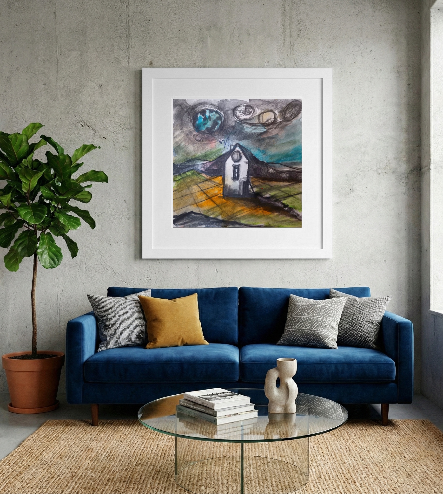 Moonlit House in Turquoise Watercolor — art on the wall, room interior preview 2