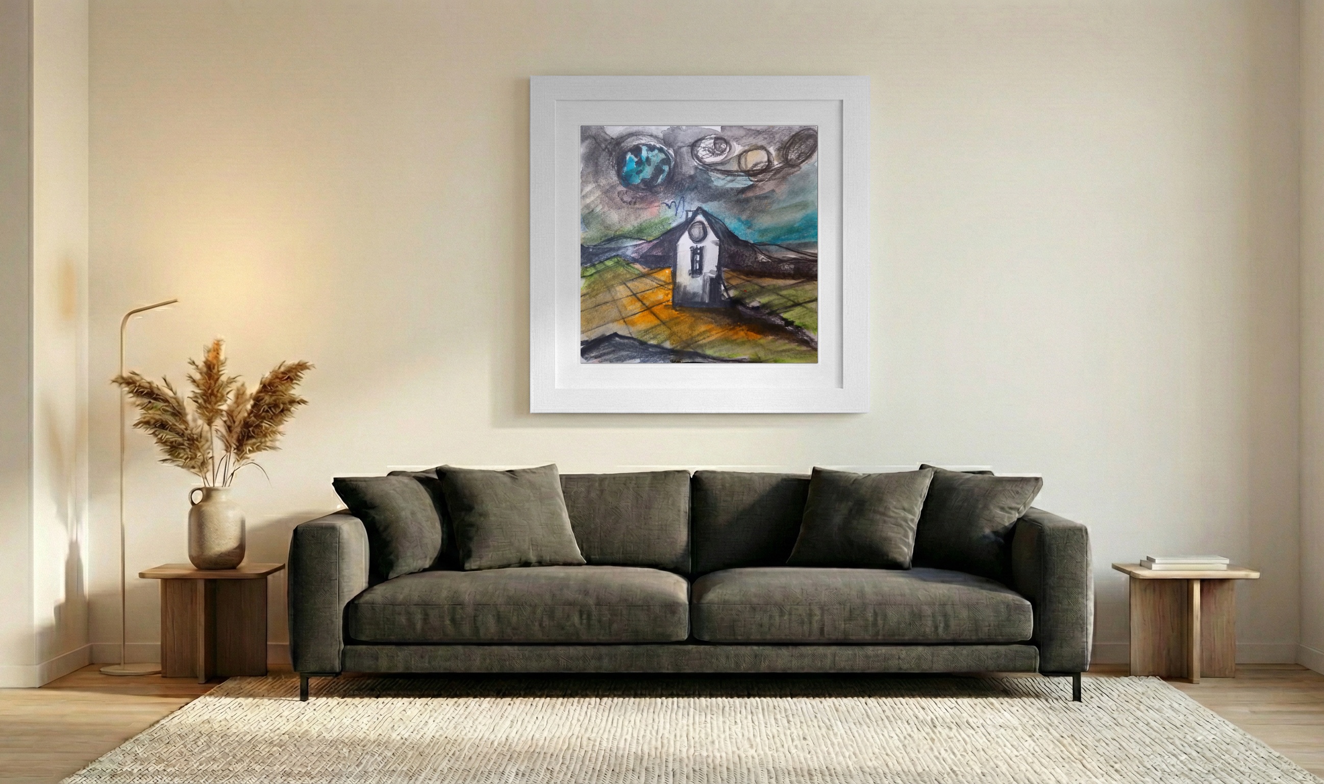 Moonlit House in Turquoise Watercolor — art on the wall, room interior preview 3