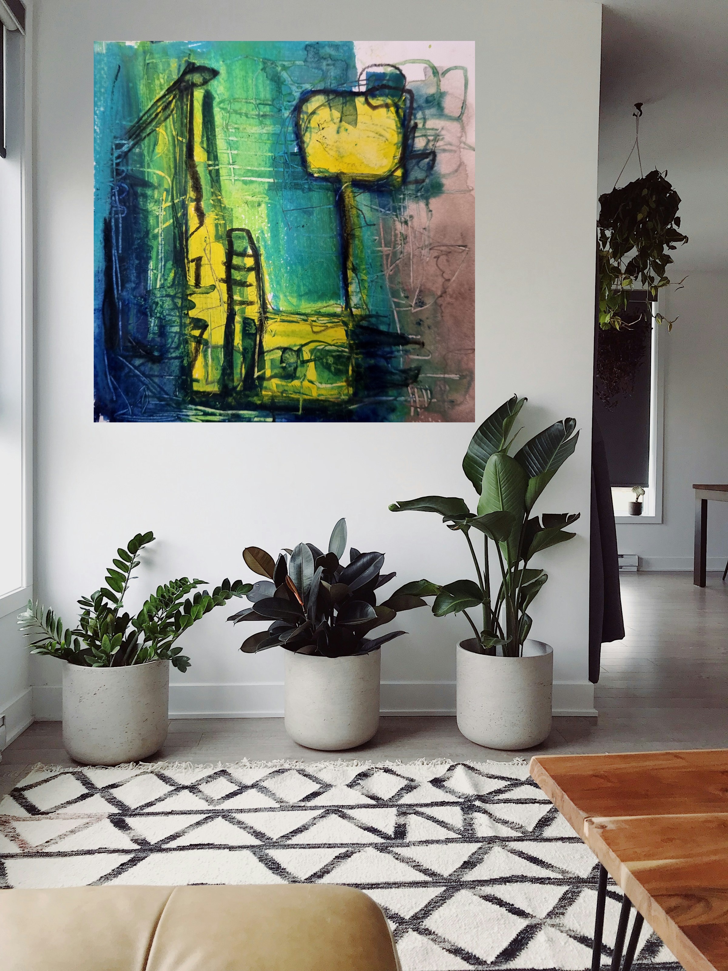 Teal and Yellow Abstract Dance on Paper — art on the wall, room interior preview 1