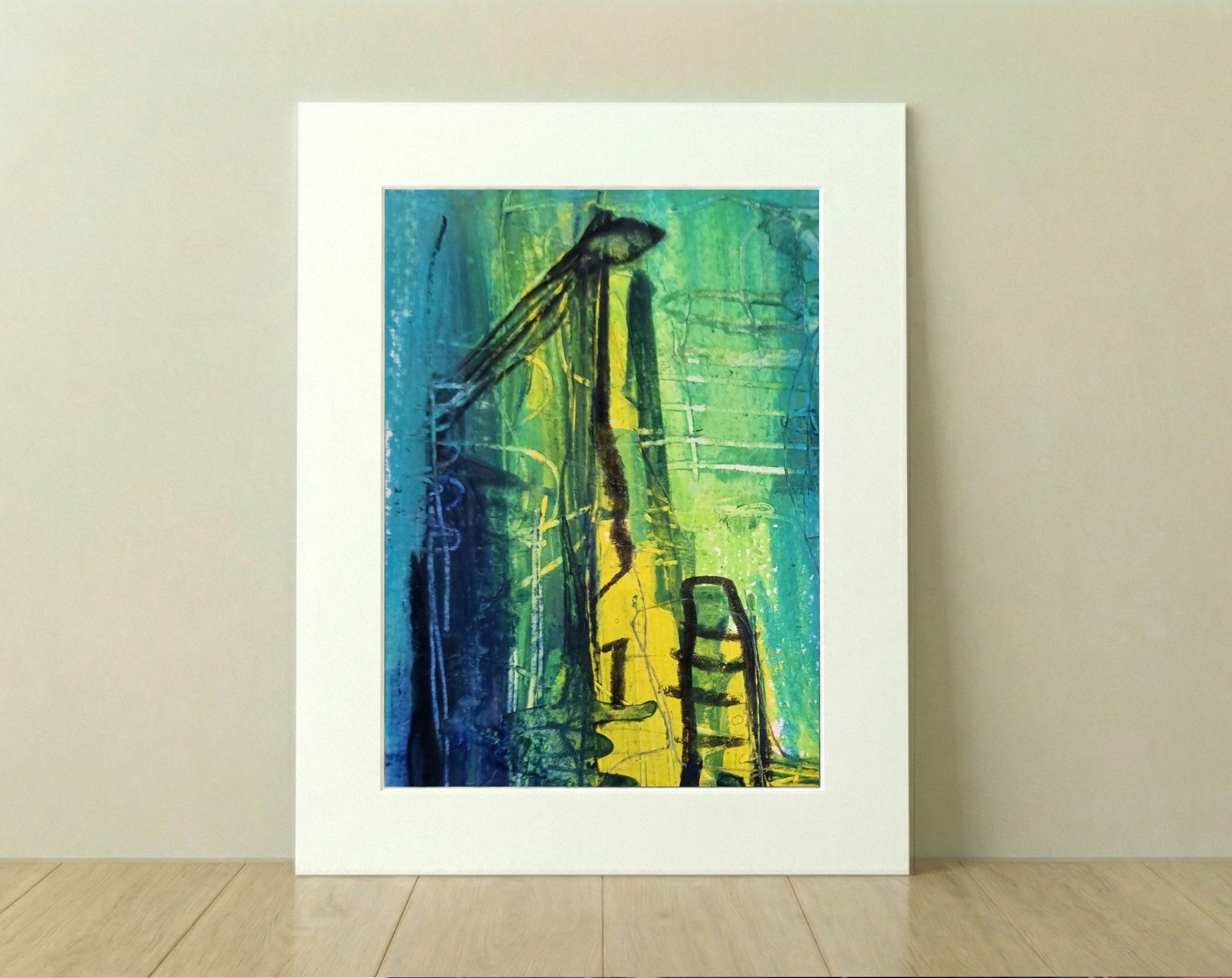 Teal and Yellow Abstract Dance on Paper — art on the wall, room interior preview 2