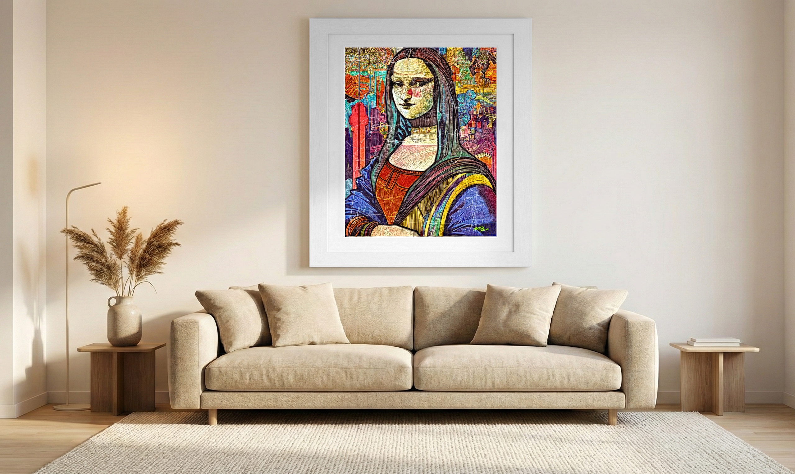 Bright Yellow Mona Lisa Interpretation — art on the wall, room interior preview 1