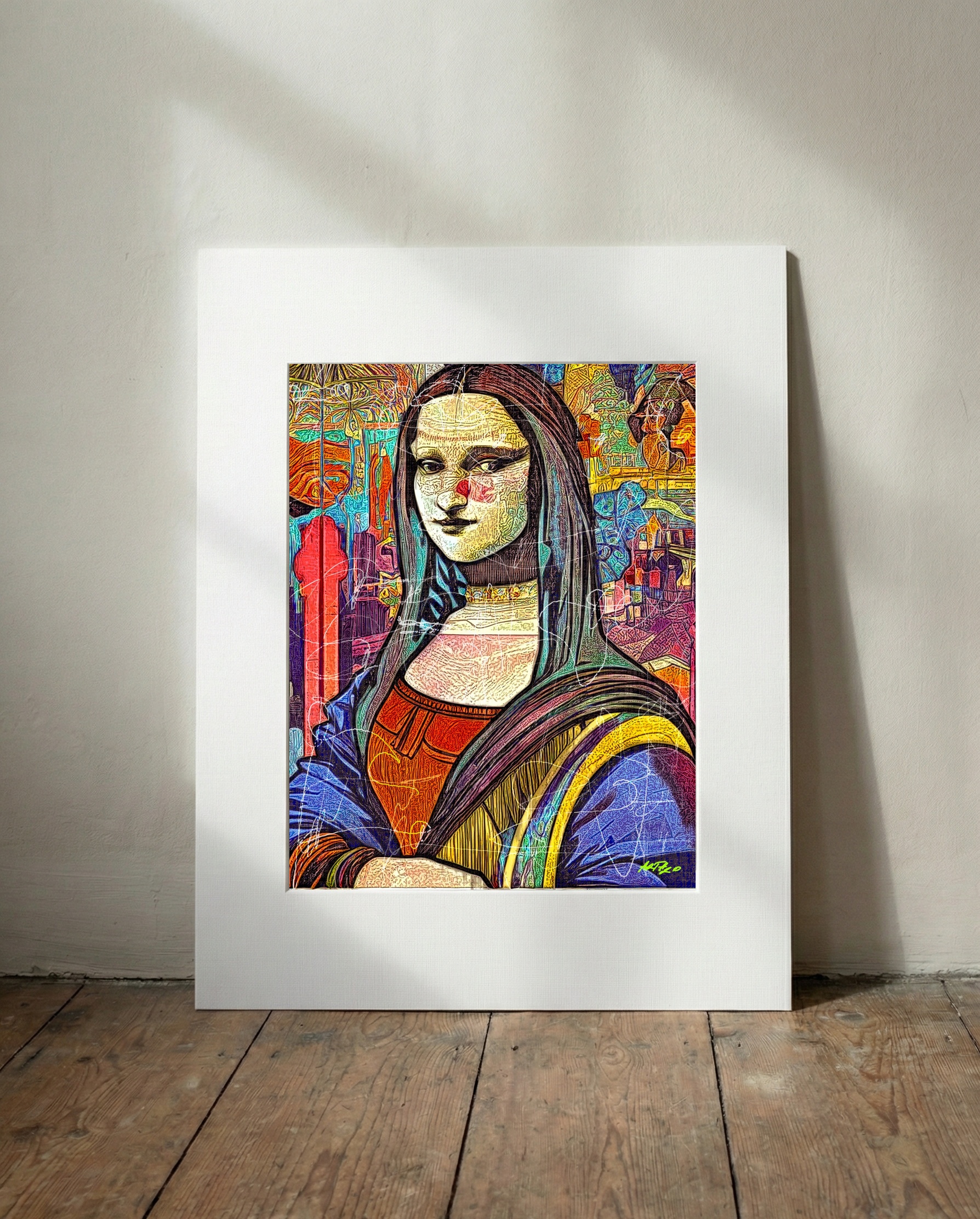 Bright Yellow Mona Lisa Interpretation — art on the wall, room interior preview 3