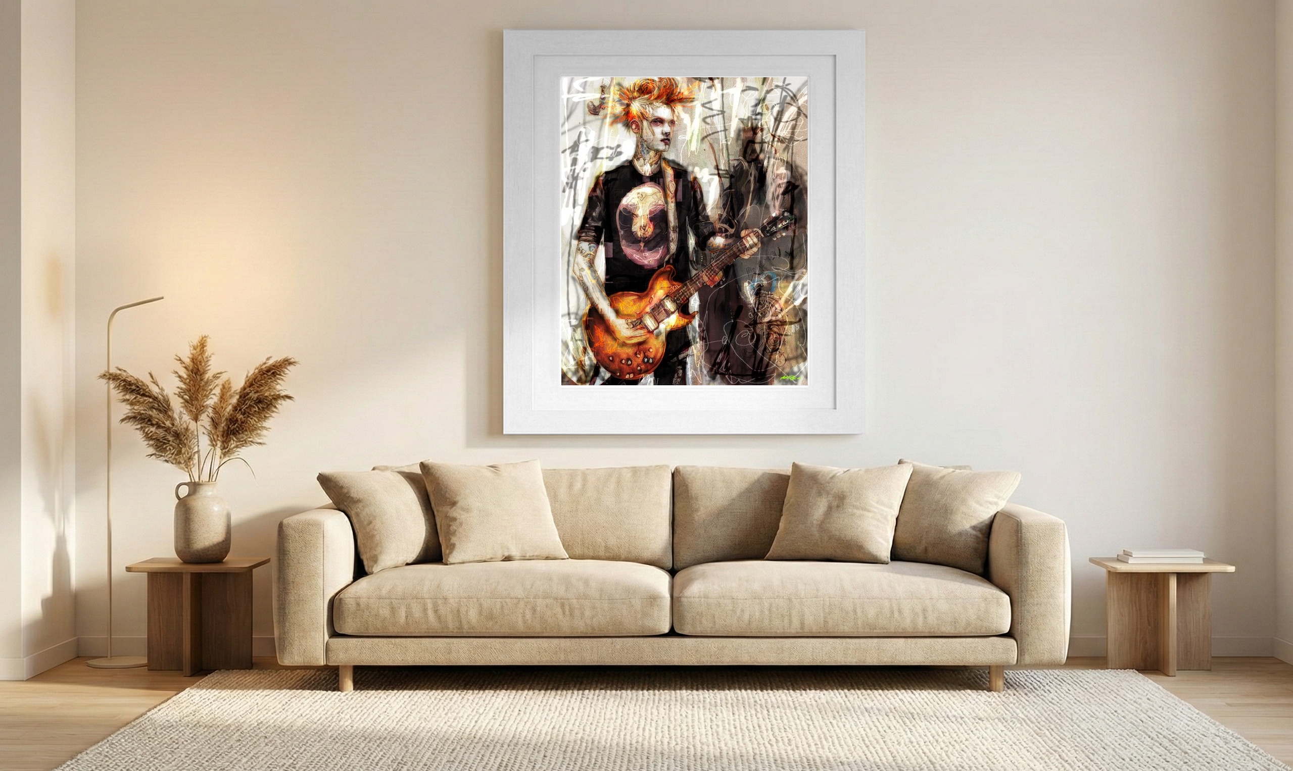 Vibrant Orange Guitar Hero Portrait — art on the wall, room interior preview 1