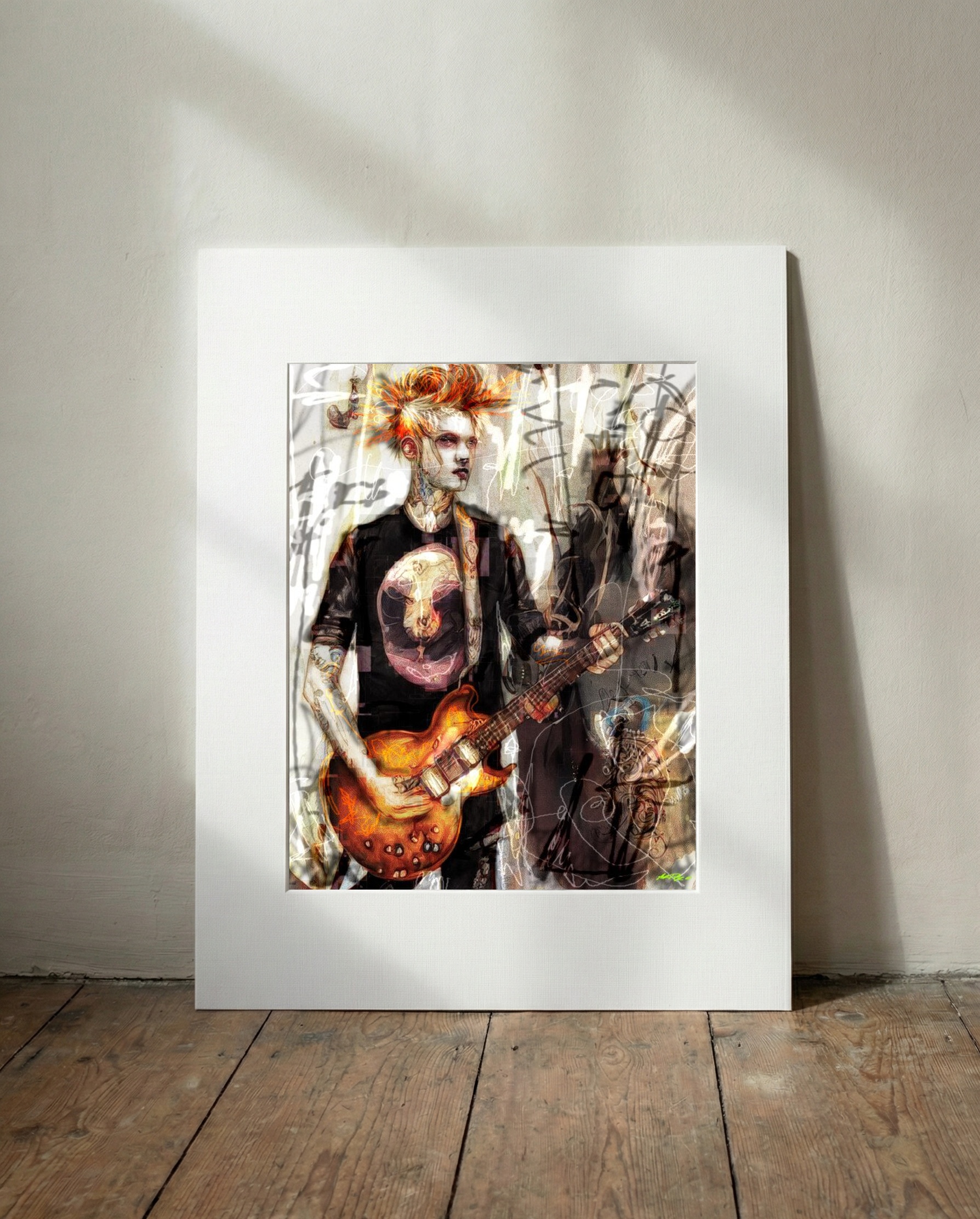 Vibrant Orange Guitar Hero Portrait — art on the wall, room interior preview 3