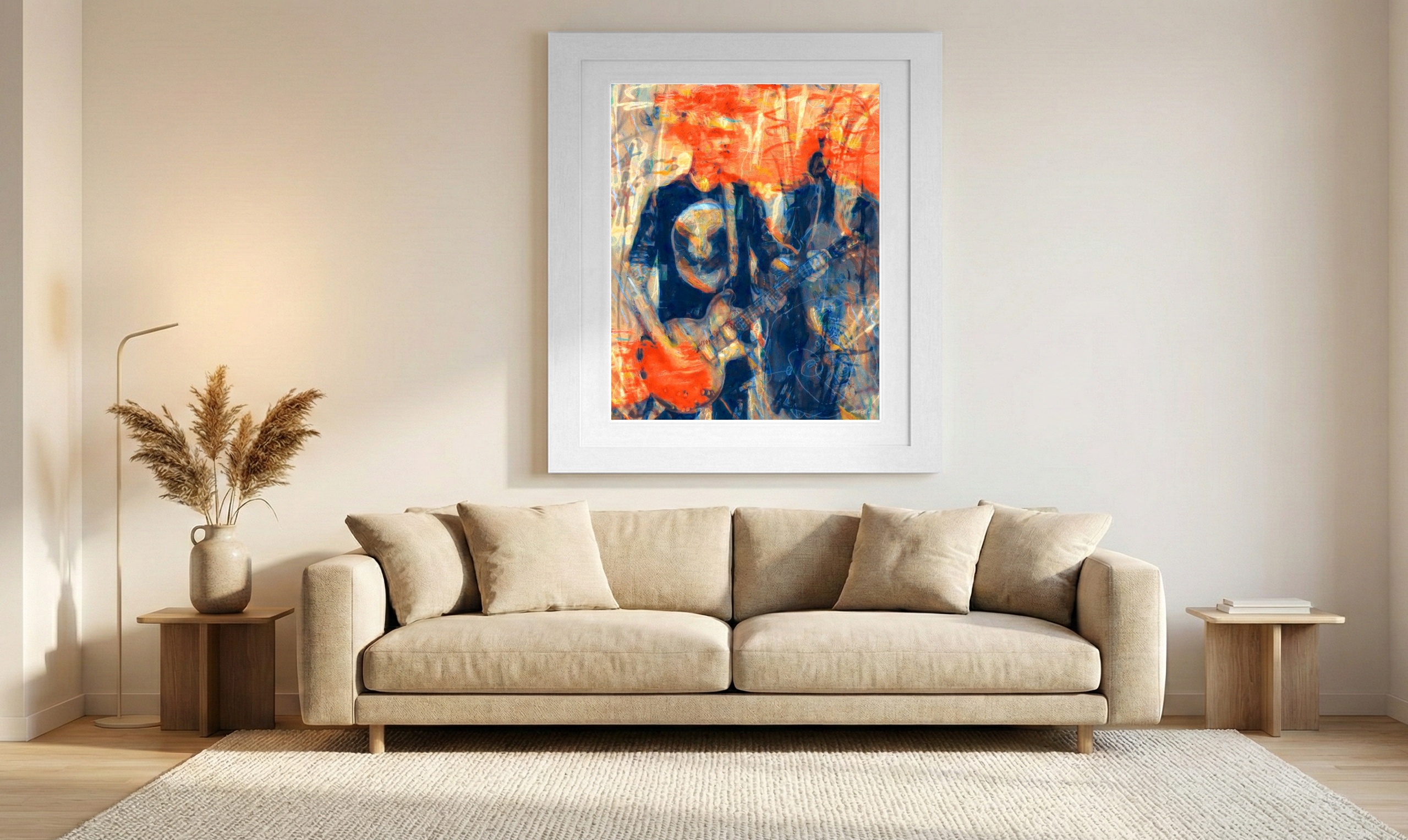 Energetic Orange Guitar Hero in Motion — art on the wall, room interior preview 1
