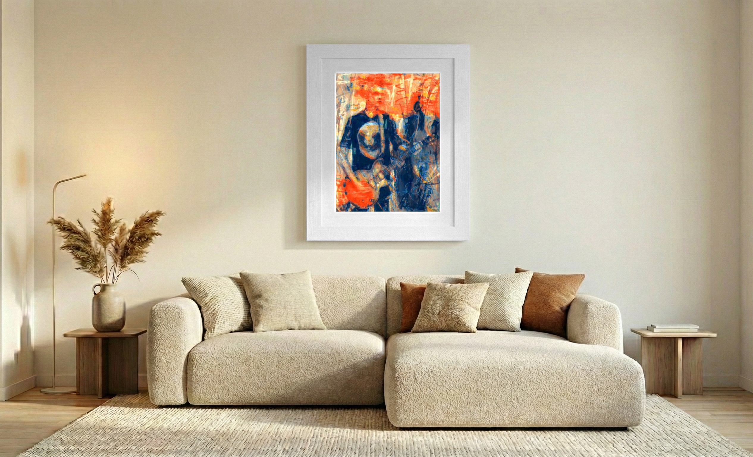 Energetic Orange Guitar Hero in Motion — art on the wall, room interior preview 2