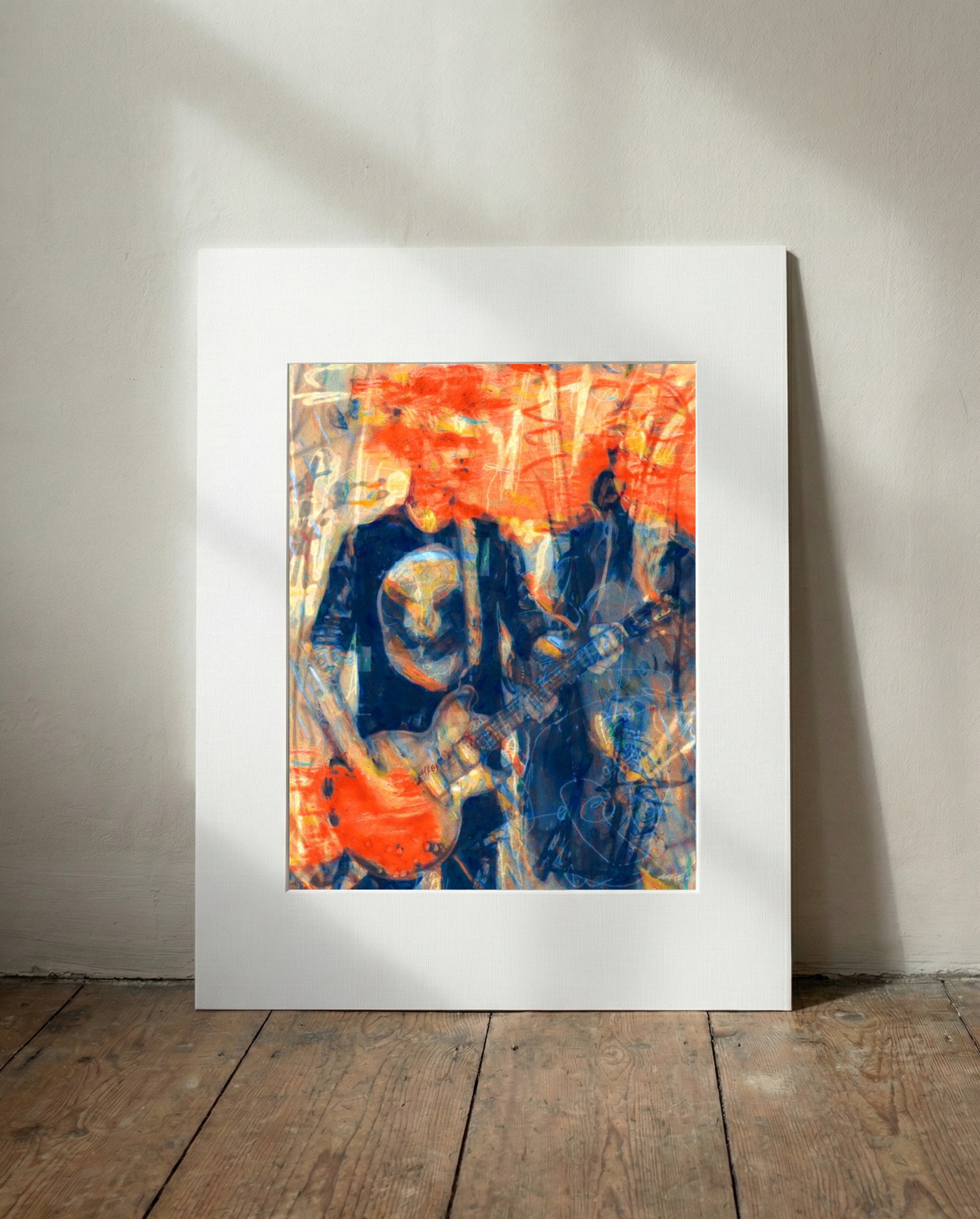 Energetic Orange Guitar Hero in Motion — art on the wall, room interior preview 3