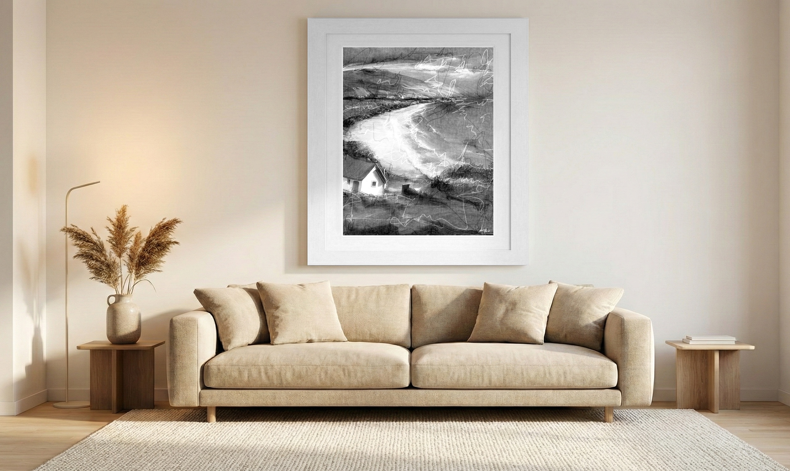 Monochrome Cliffside House Digital Art — art on the wall, room interior preview 1