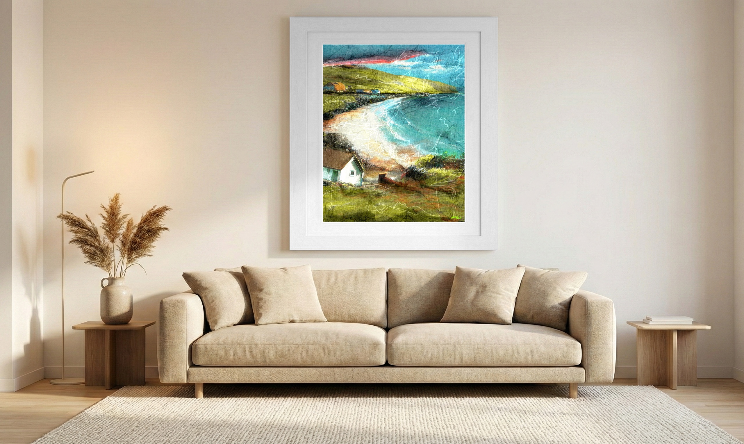 Teal and Sandy Coastal House Digital Art — art on the wall, room interior preview 1