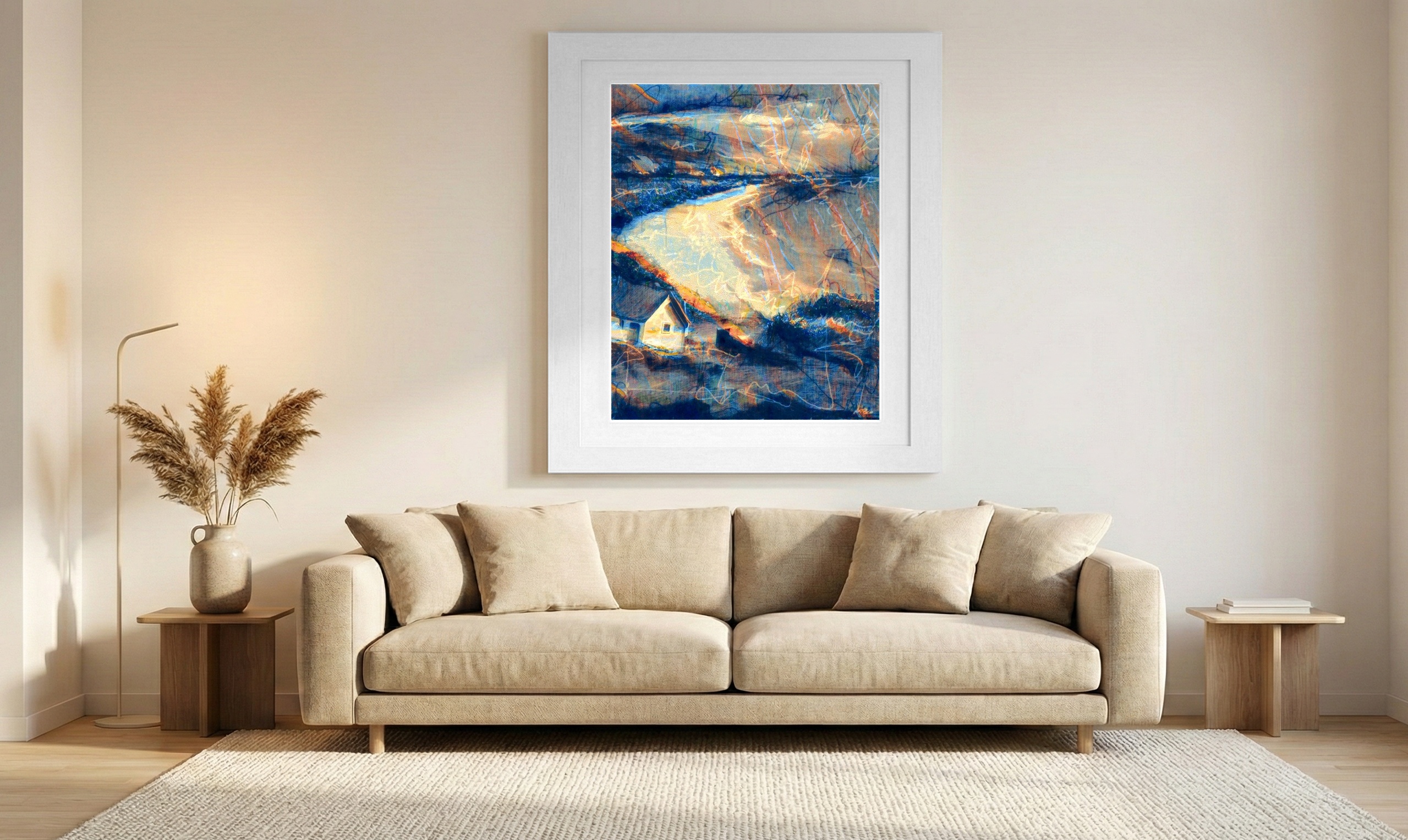 Orange Cliffside House Digital Art — art on the wall, room interior preview 1
