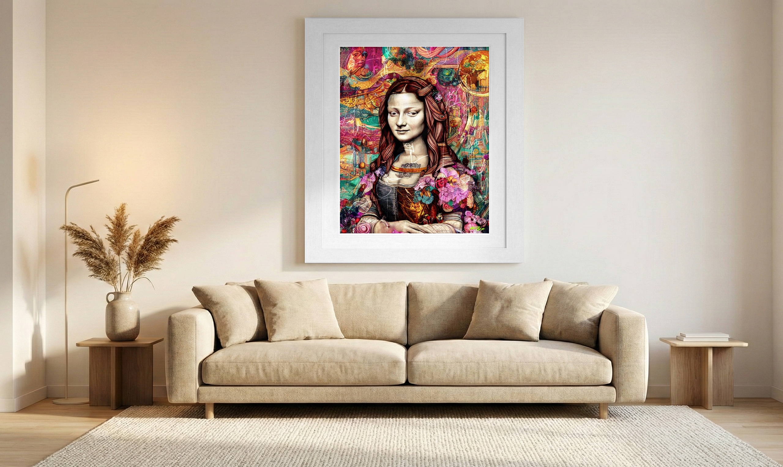 Vibrant Pink and Purple Mona Lisa Digital Art — art on the wall, room interior preview 1