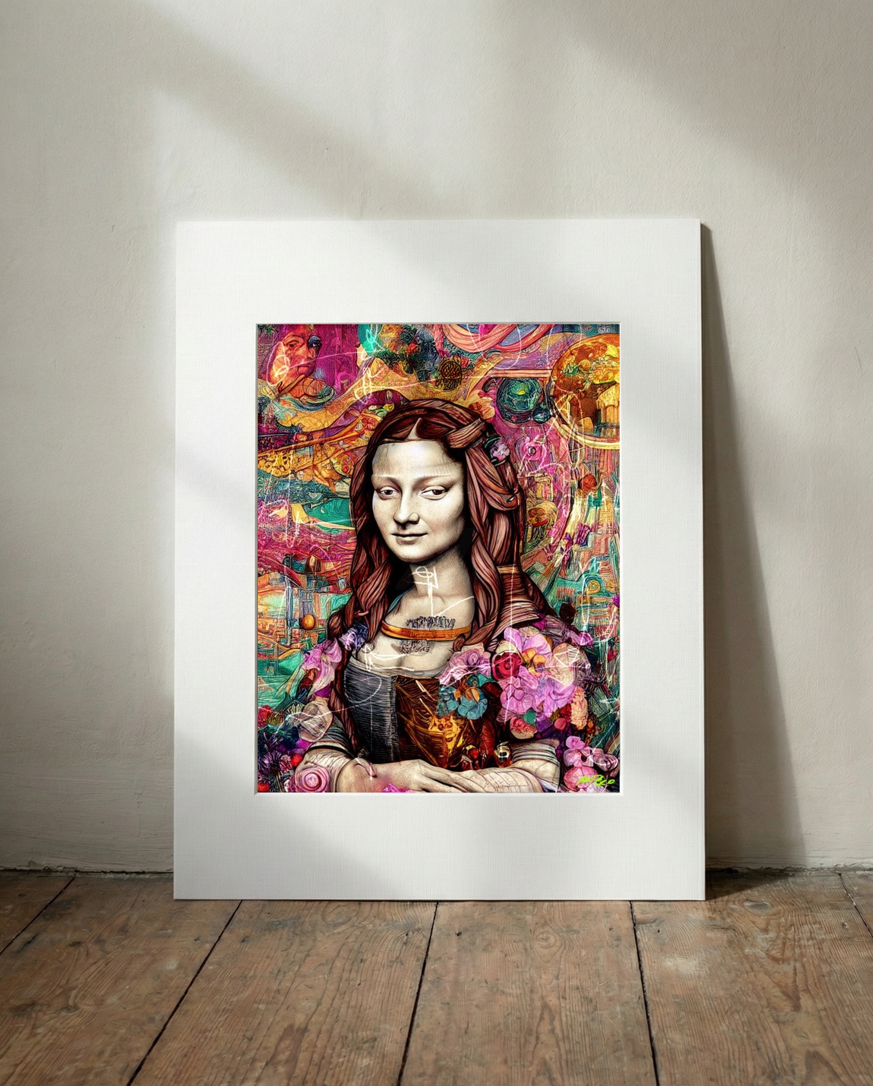 Vibrant Pink and Purple Mona Lisa Digital Art — art on the wall, room interior preview 3