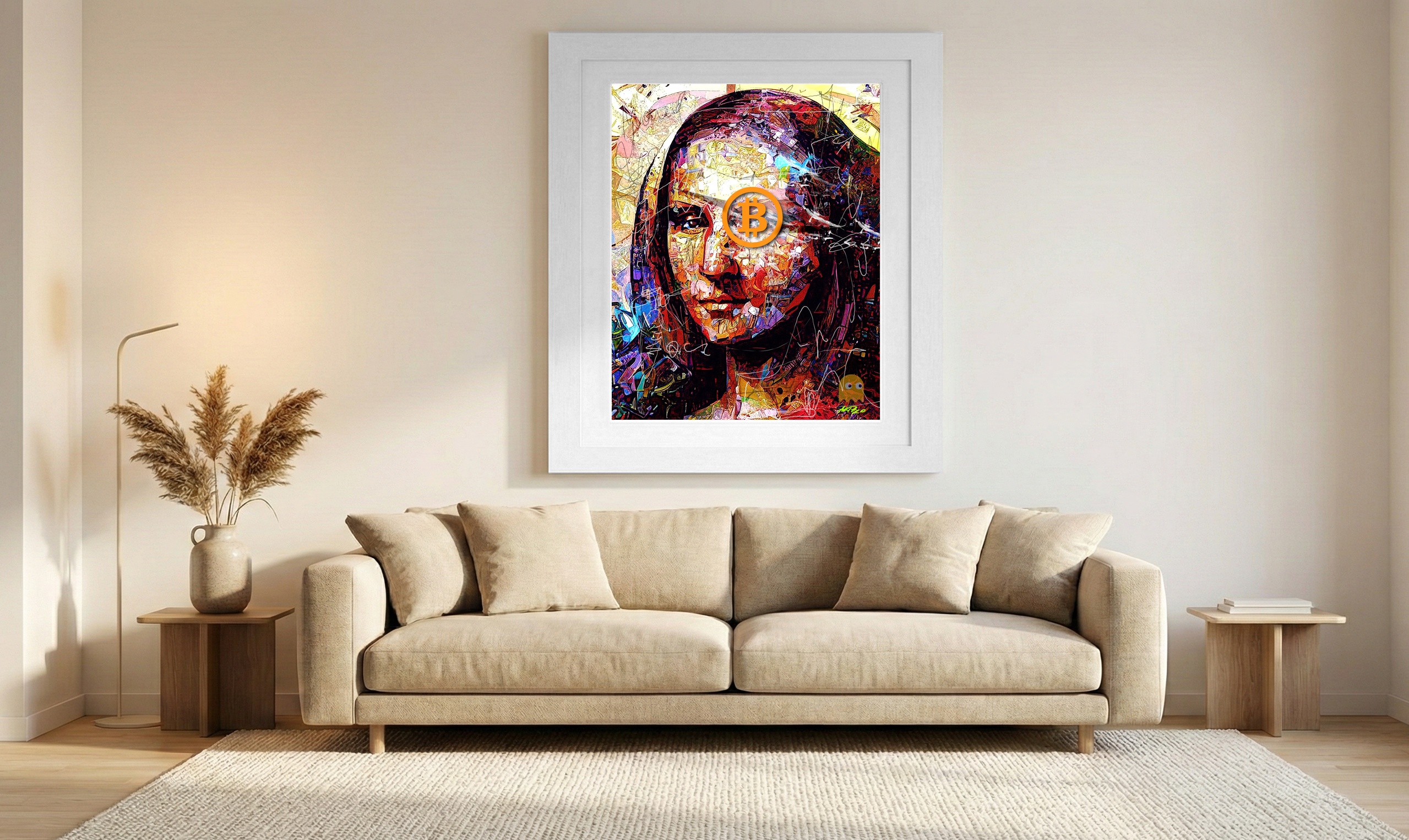Ochre and Crimson Monalisa with Bitcoin Twist — art on the wall, room interior preview 1