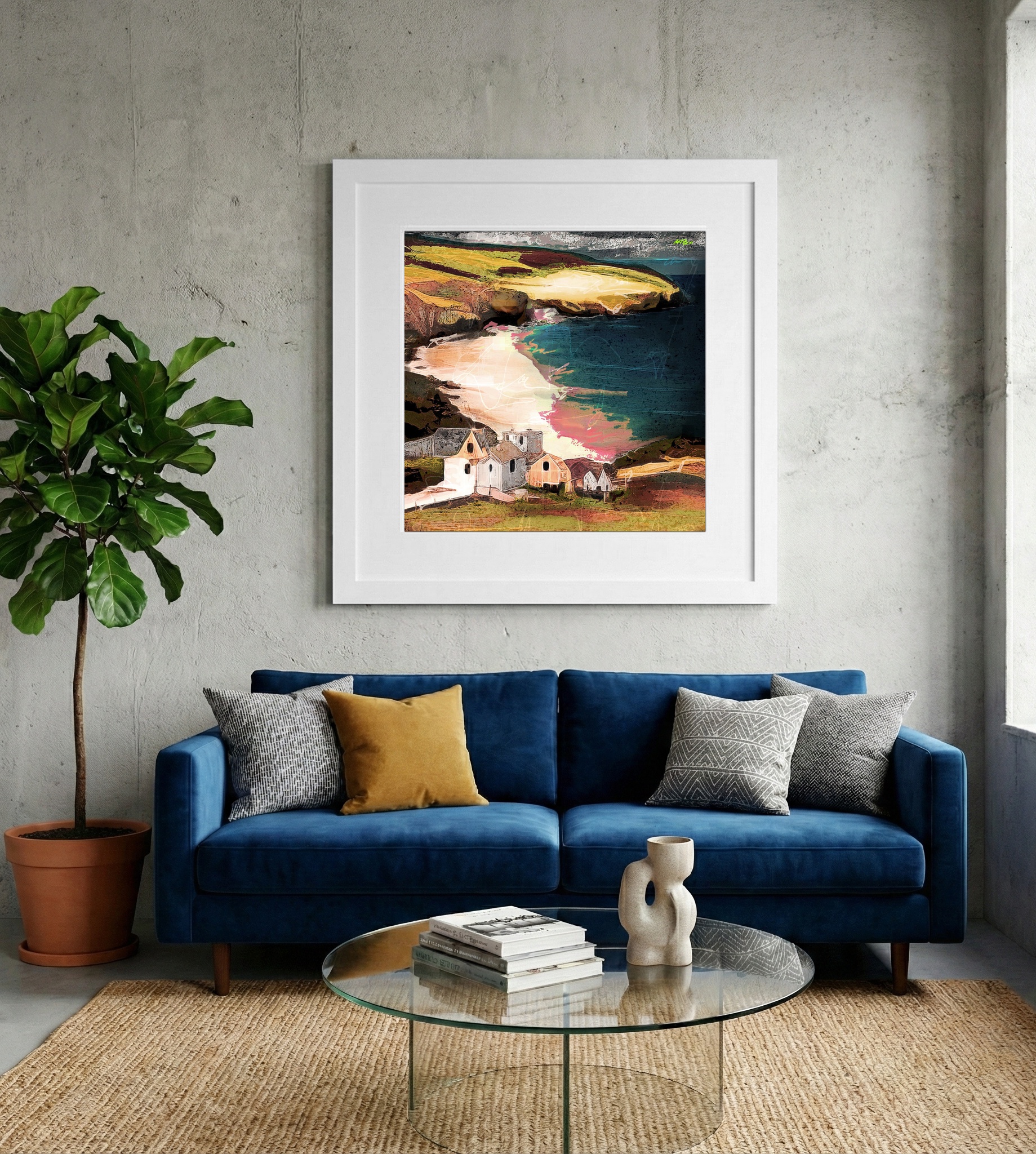 Ochre Cliffside House with Aquamarine Waters — art on the wall, room interior preview 2