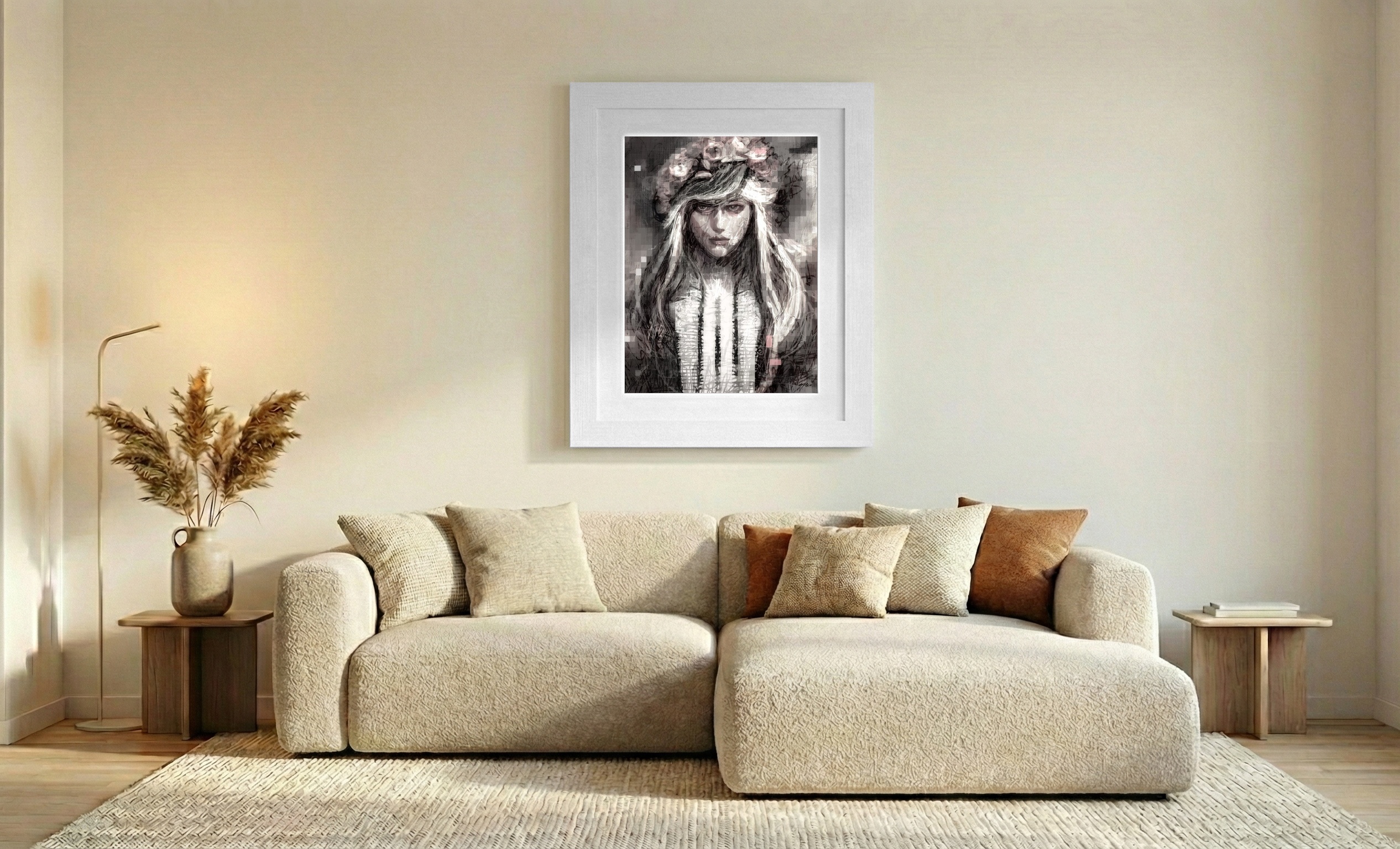 Black and White Portrait with Subtle Warm Tones — art on the wall, room interior preview 2