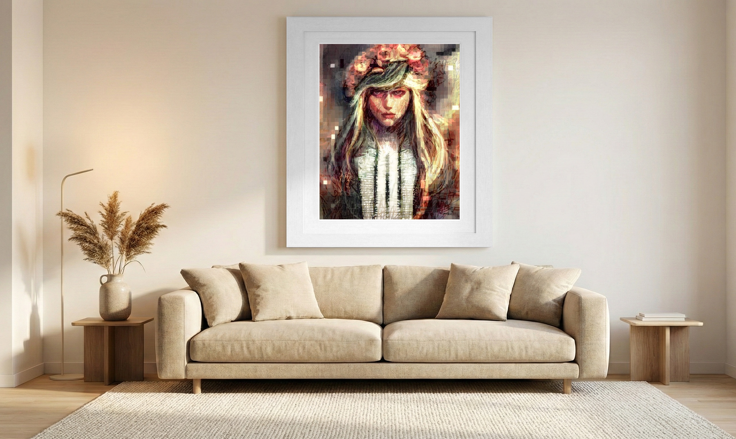 Warm Ochre Floral Crown Indian Girl Portrait — art on the wall, room interior preview 1