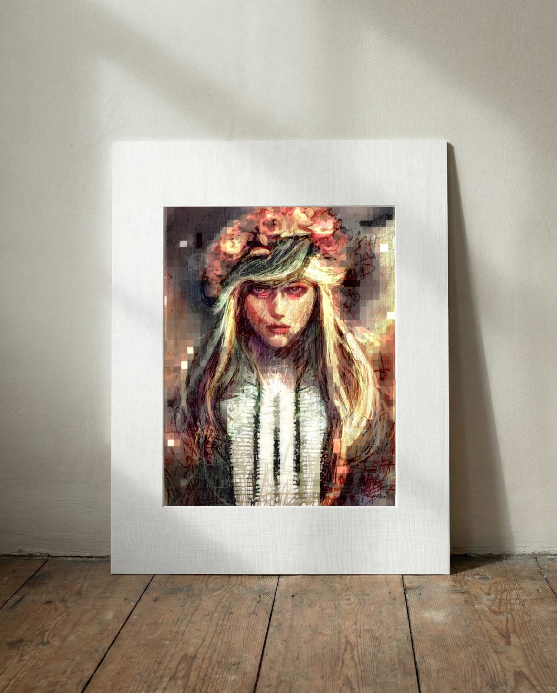 Warm Ochre Floral Crown Indian Girl Portrait — art on the wall, room interior preview 3